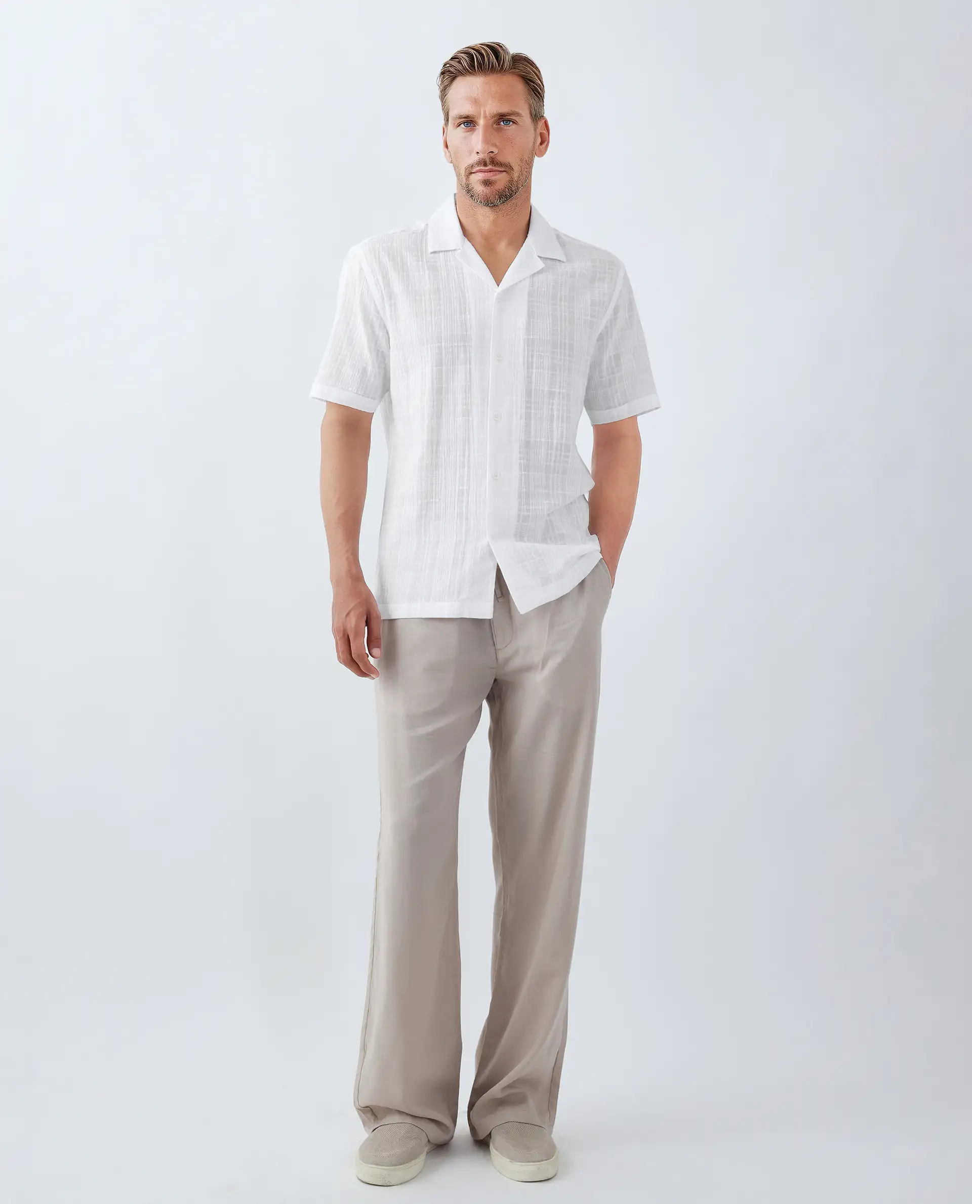Rare Rabbit Men's Dara White Cotton Checked Print Boxy Fit Half Sleeve Cuban Collar Shirt - Image 2