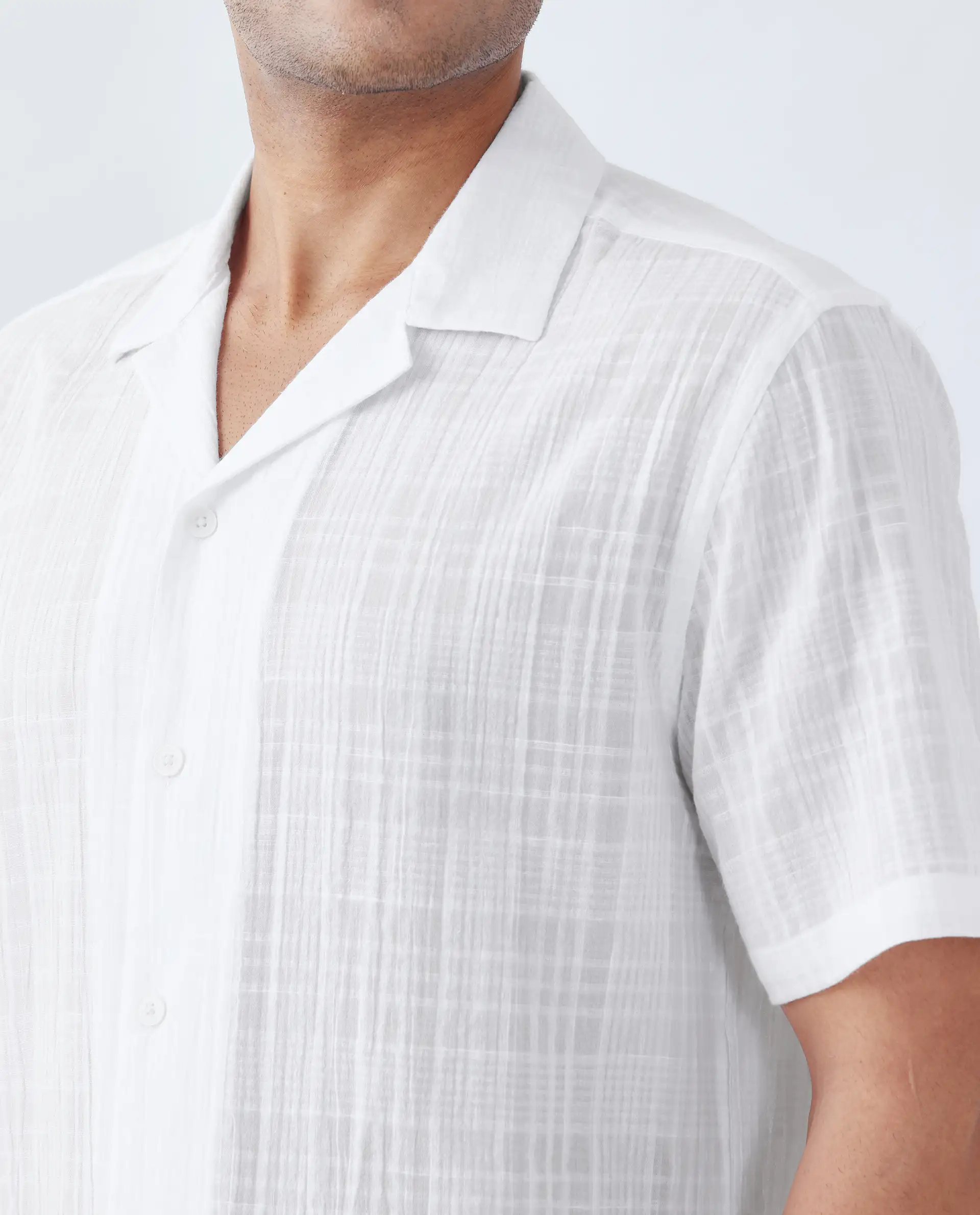 Rare Rabbit Men's Dara White Cotton Checked Print Boxy Fit Half Sleeve Cuban Collar Shirt - Image 3
