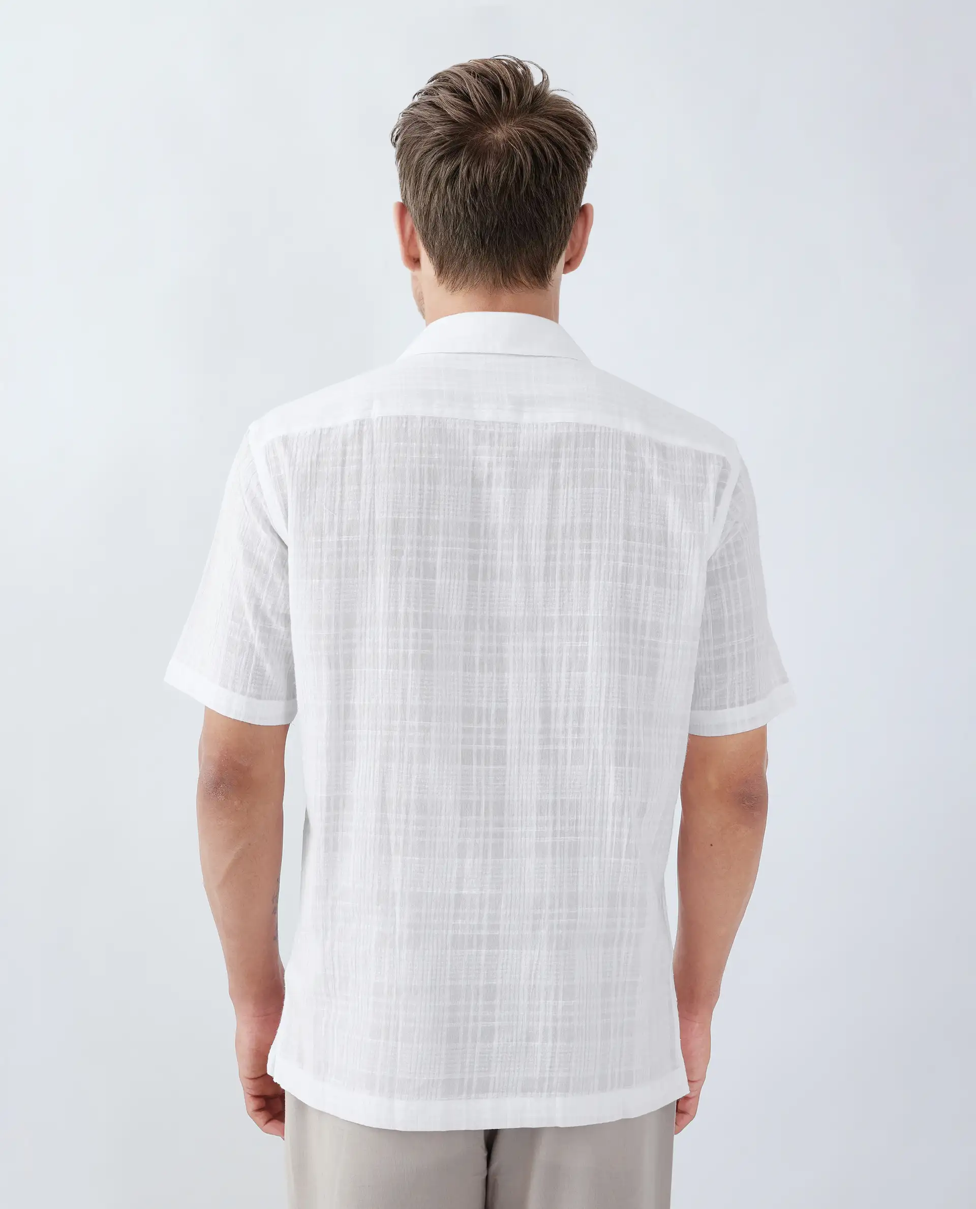 Rare Rabbit Men's Dara White Cotton Checked Print Boxy Fit Half Sleeve Cuban Collar Shirt - Image 4