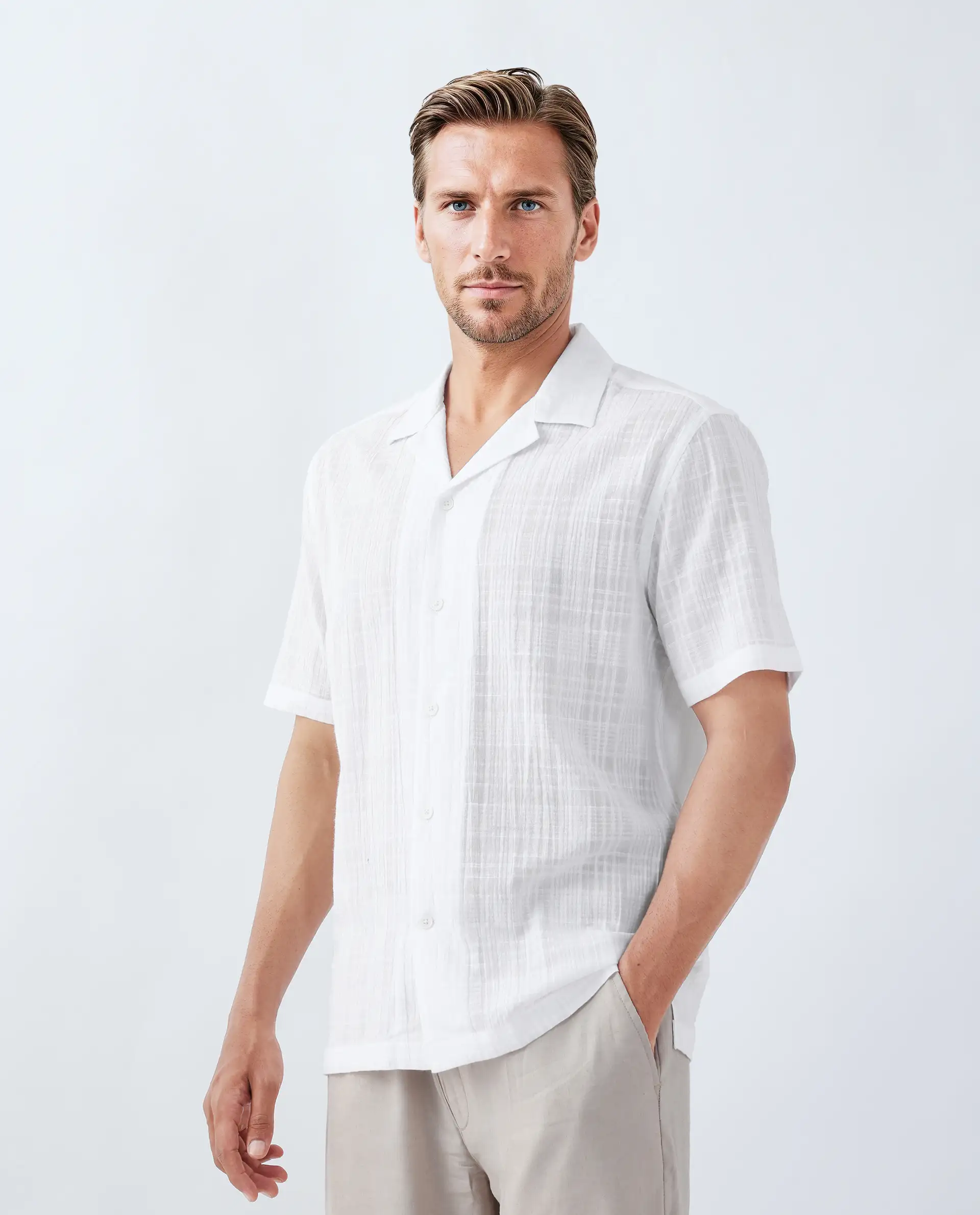Rare Rabbit Men's Dara White Cotton Checked Print Boxy Fit Half Sleeve Cuban Collar Shirt - Image 5