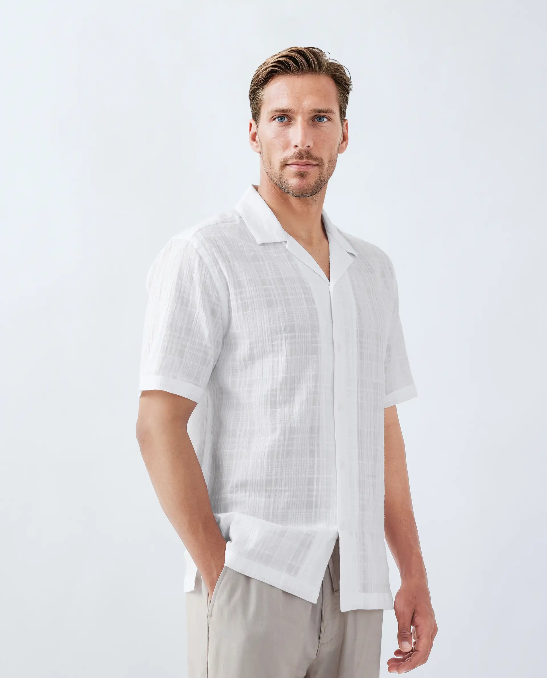 Rare Rabbit Men's Dara White Cotton Checked Print Boxy Fit Half Sleeve Cuban Collar Shirt - Image 6