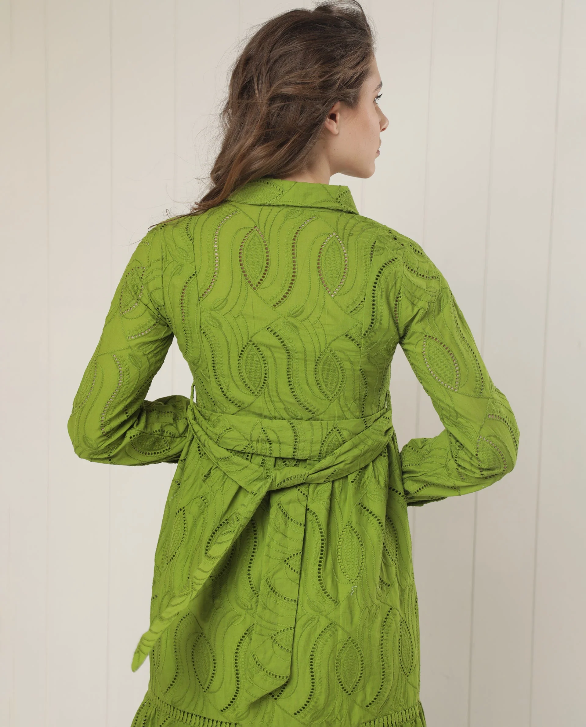 Rareism Women's Darcy Green Cotton Spread Collar Schiffli Knee Length Slim Fit Dress - Image 10