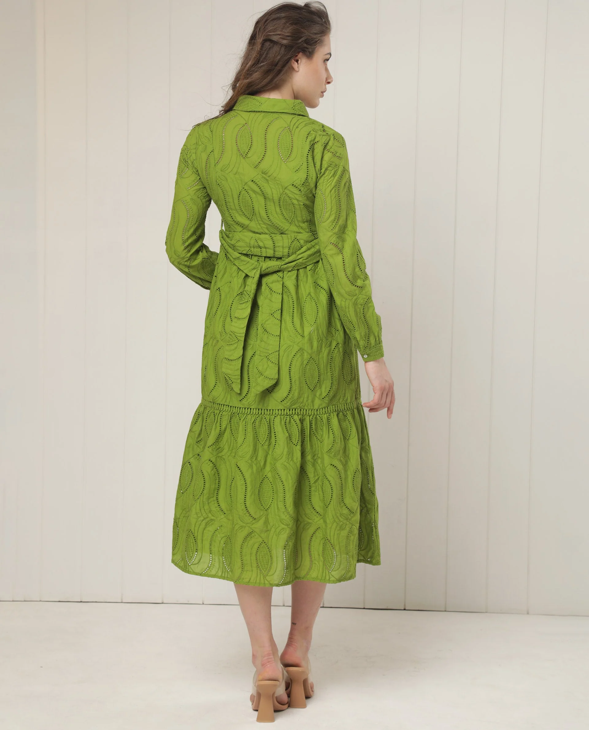 Rareism Women's Darcy Green Cotton Spread Collar Schiffli Knee Length Slim Fit Dress - Image 11