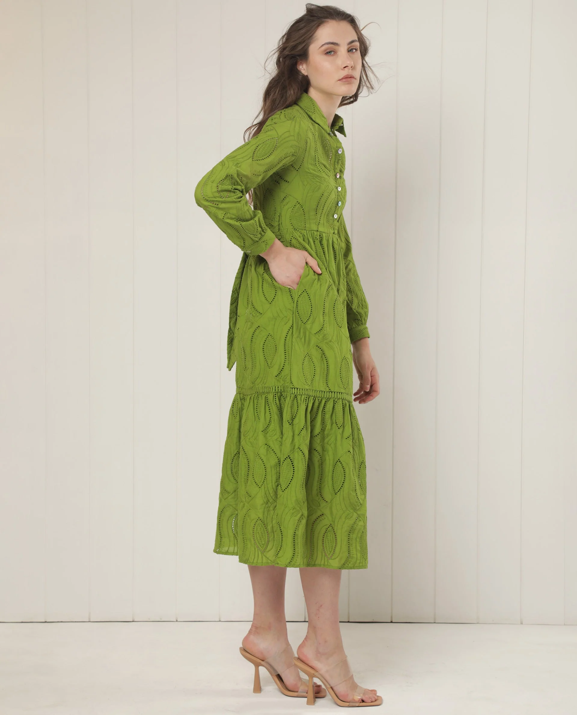 Rareism Women's Darcy Green Cotton Spread Collar Schiffli Knee Length Slim Fit Dress - Image 12