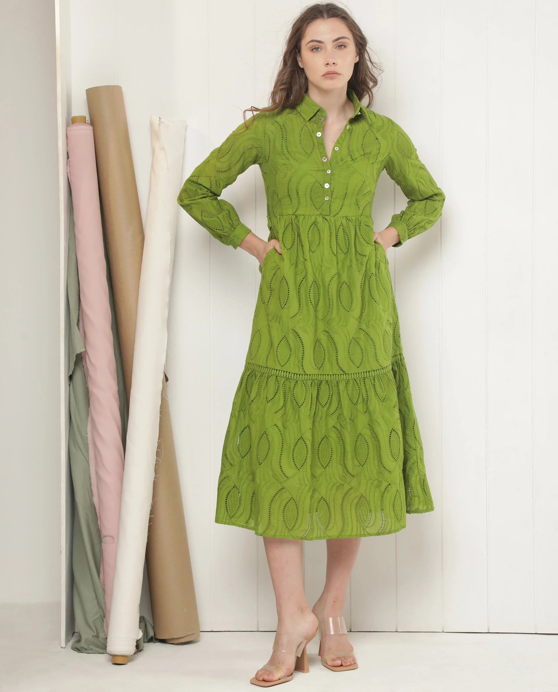 Rareism Women's Darcy Green Cotton Spread Collar Schiffli Knee Length Slim Fit Dress - Image 13