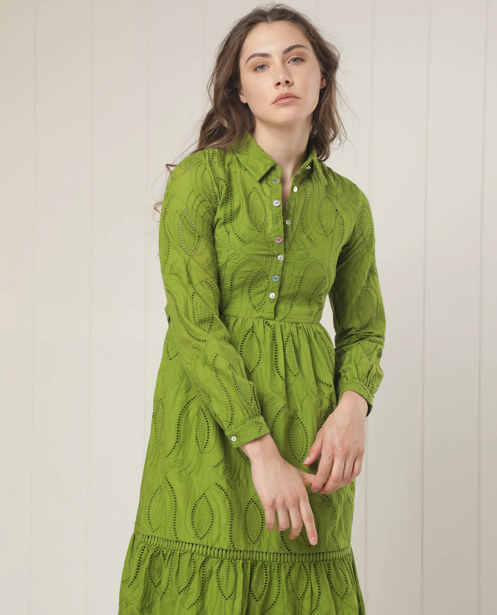 Rareism Women's Darcy Green Cotton Spread Collar Schiffli Knee Length Slim Fit Dress - Image 3