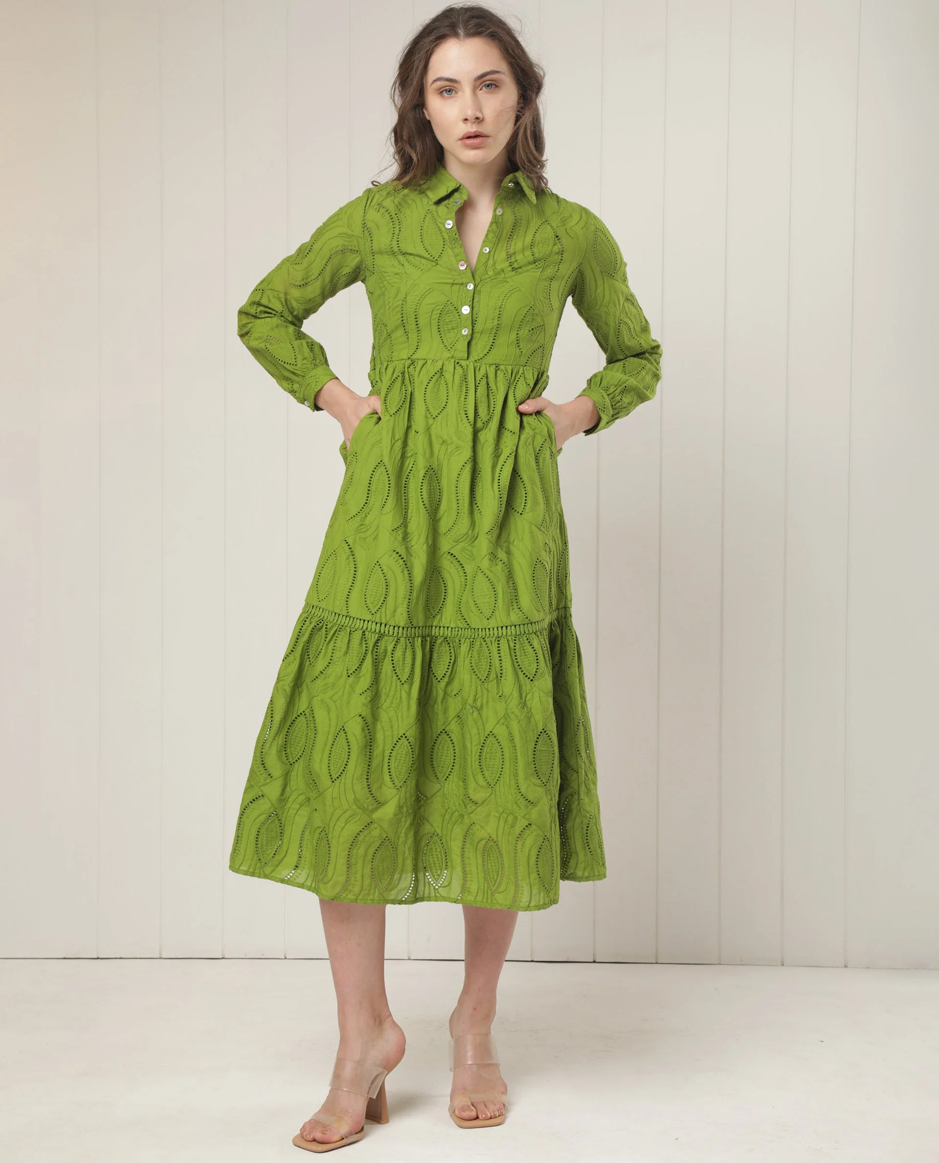 Rareism Women's Darcy Green Cotton Spread Collar Schiffli Knee Length Slim Fit Dress - Image 4