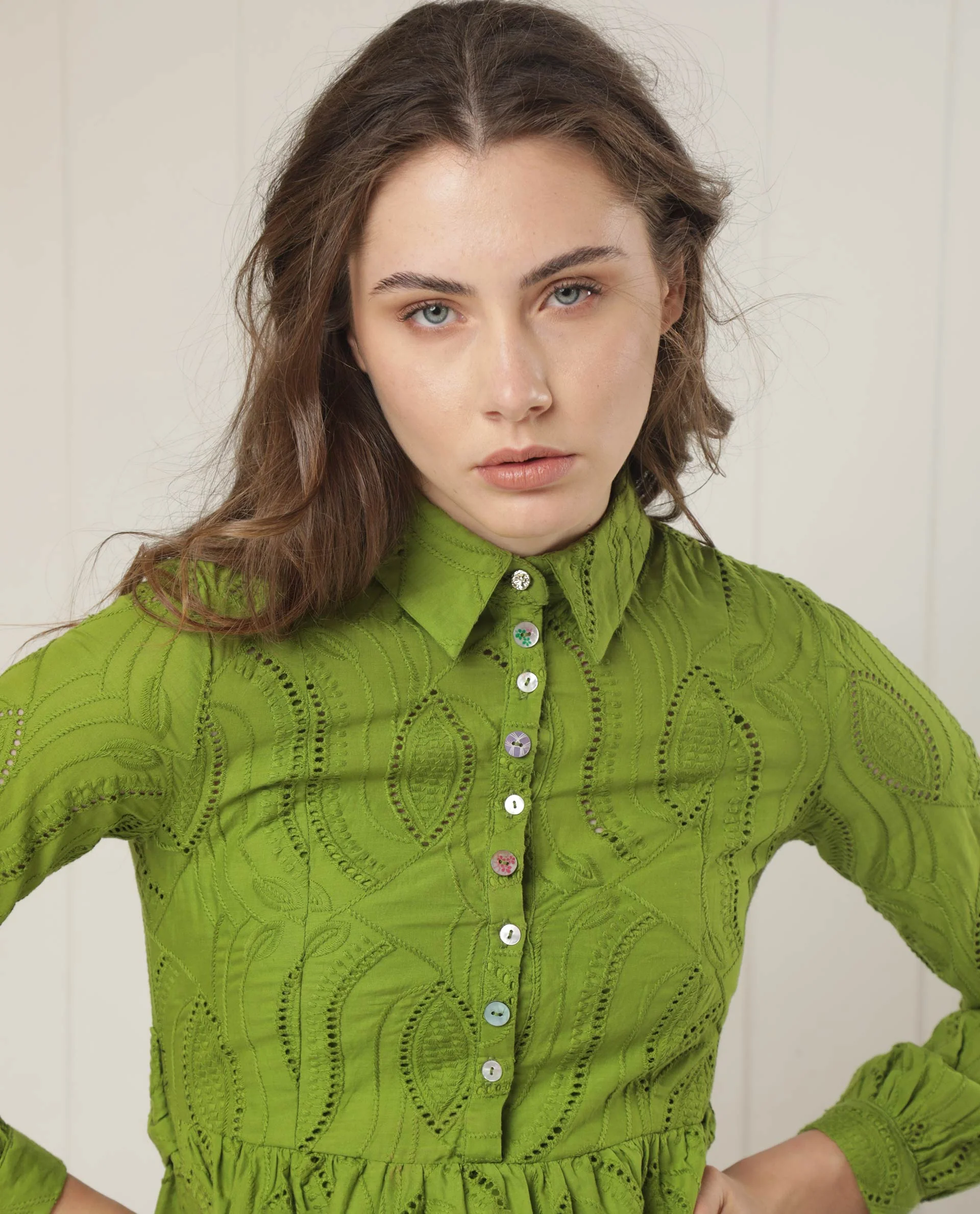 Rareism Women's Darcy Green Cotton Spread Collar Schiffli Knee Length Slim Fit Dress - Image 5