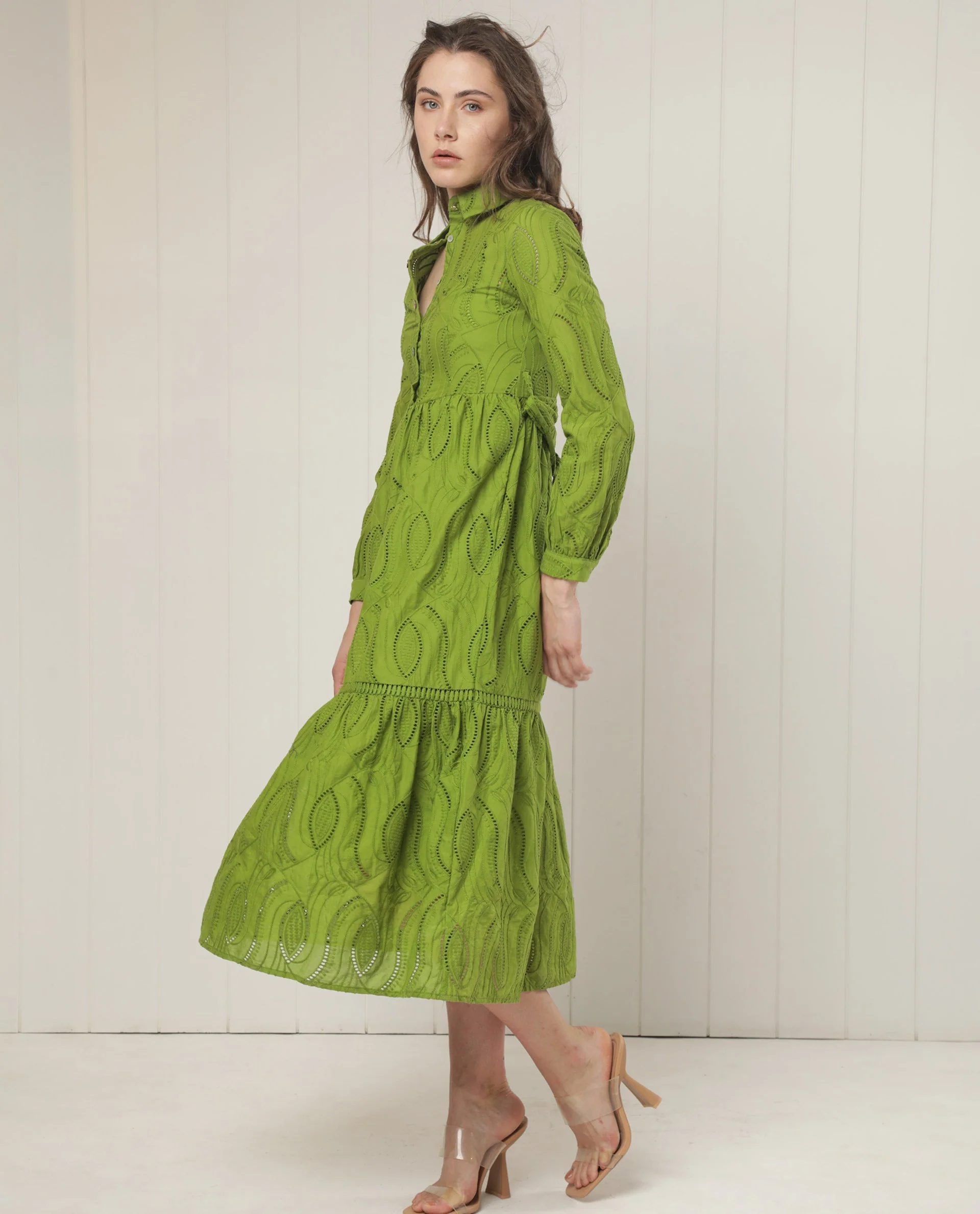 Rareism Women's Darcy Green Cotton Spread Collar Schiffli Knee Length Slim Fit Dress - Image 7