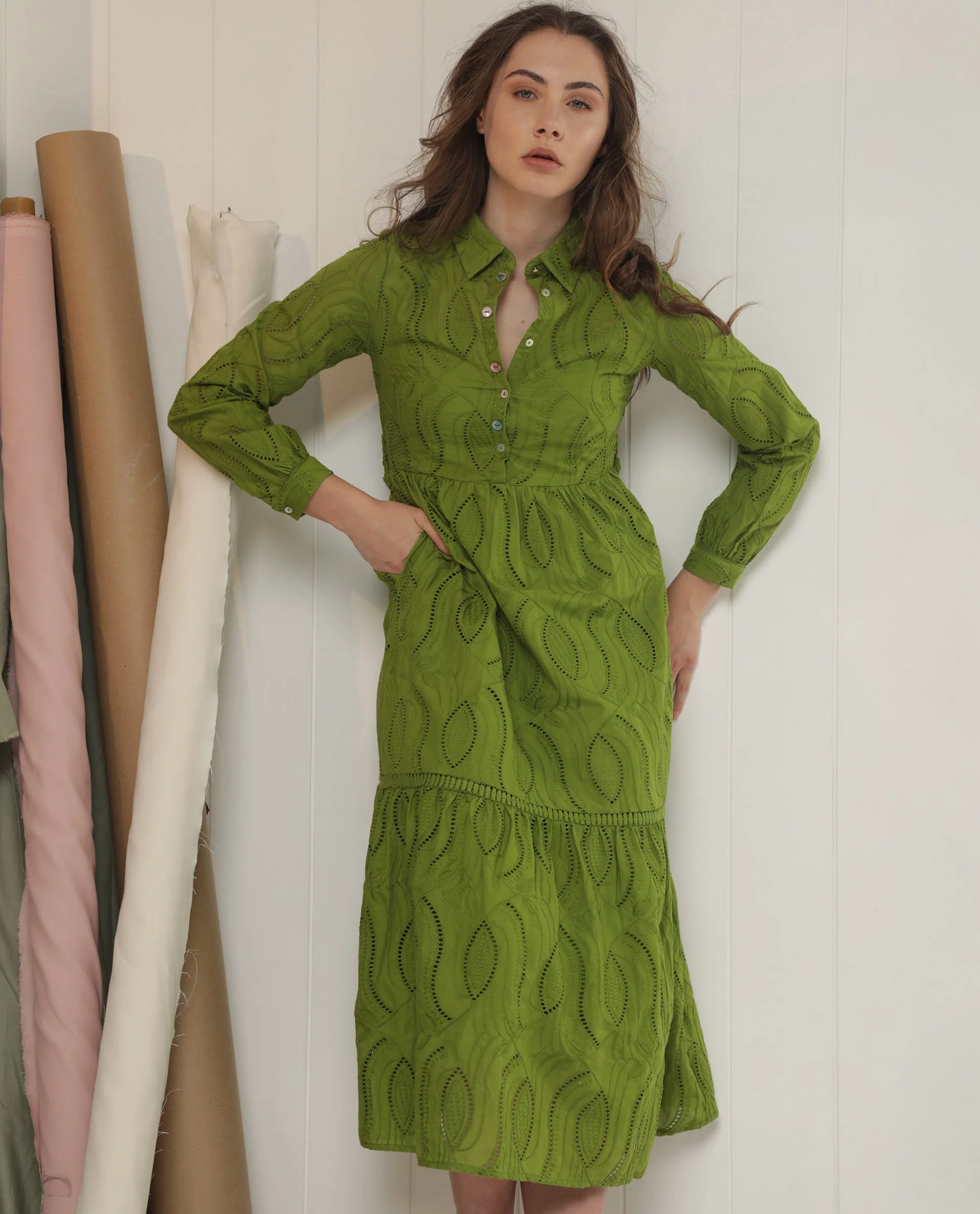 Rareism Women's Darcy Green Cotton Spread Collar Schiffli Knee Length Slim Fit Dress - Image 8