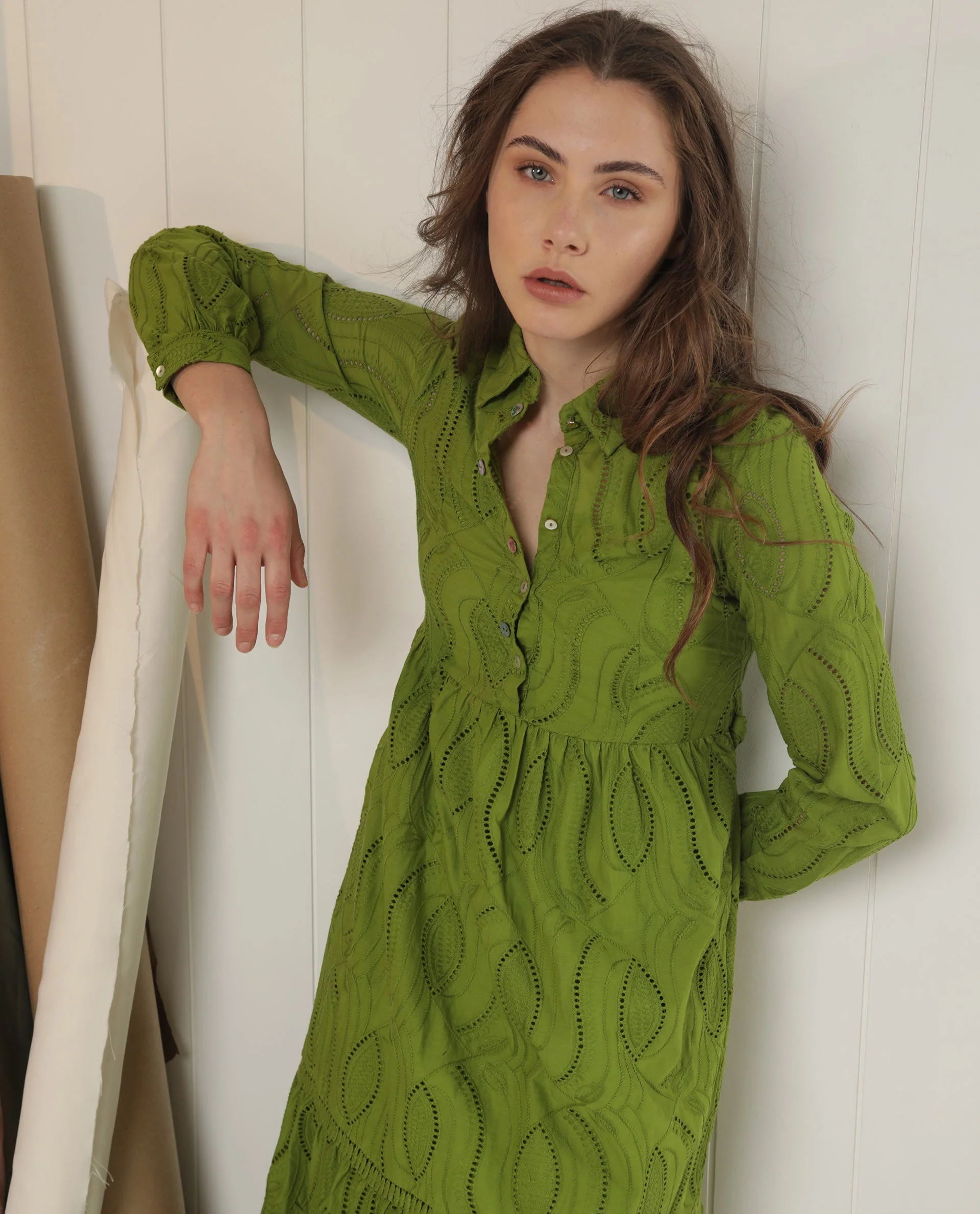 Rareism Women's Darcy Green Cotton Spread Collar Schiffli Knee Length Slim Fit Dress - Image 9