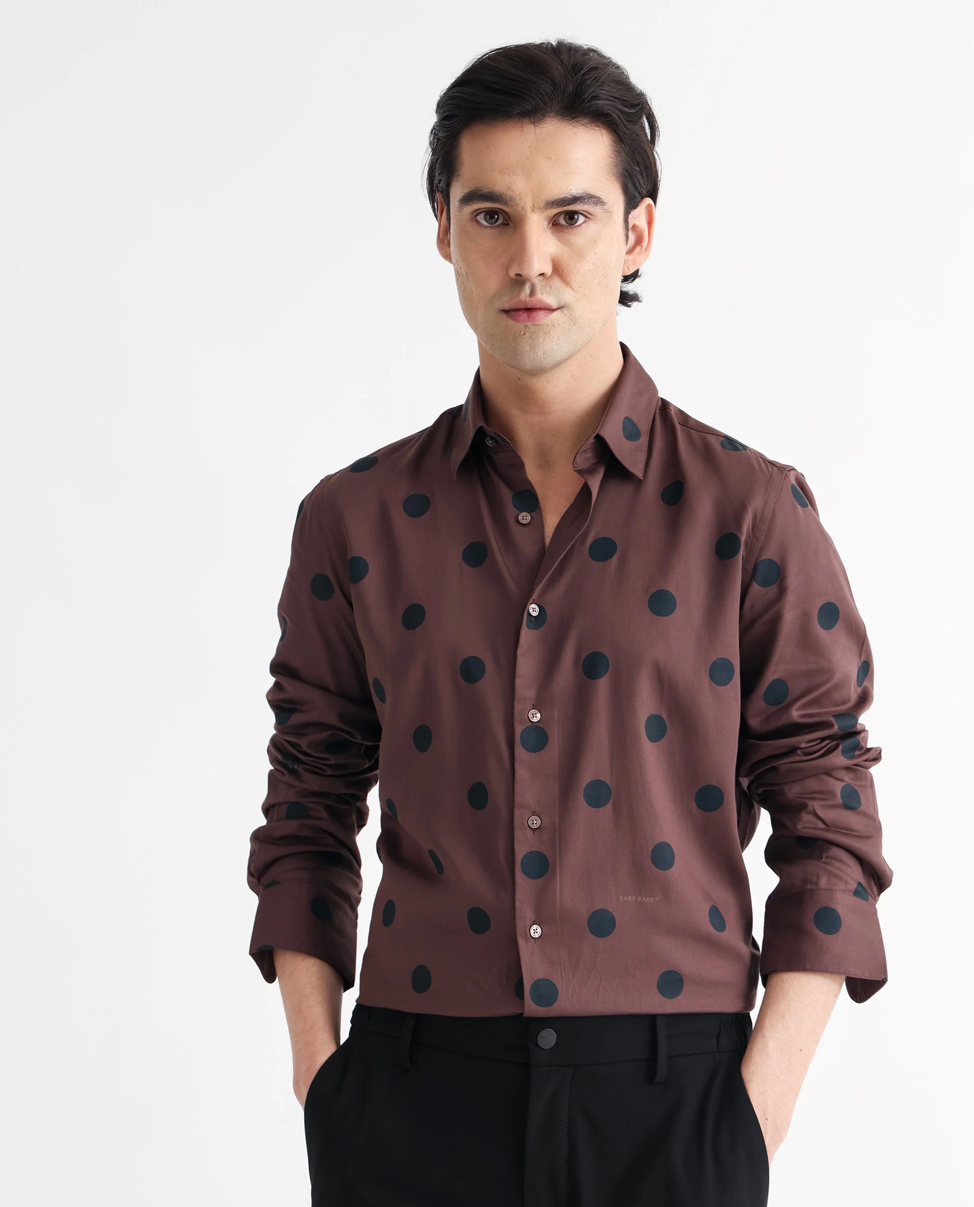 Rare Rabbit Men's Dare Brown Cotton Polka Print Regular Fit Full Sleeve Spread Collar Shirt