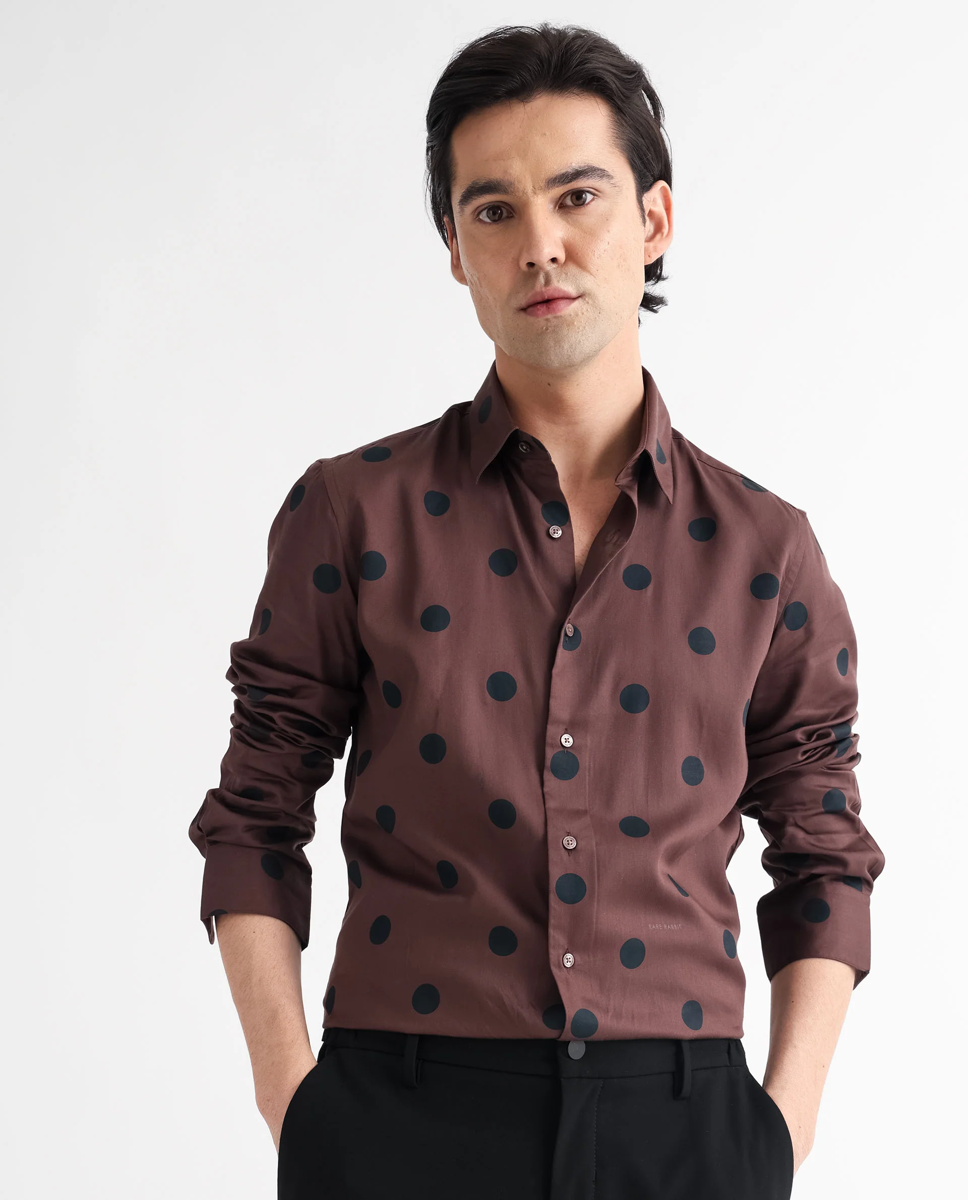 Rare Rabbit Men's Dare Brown Cotton Polka Print Regular Fit Full Sleeve Spread Collar Shirt - Image 5