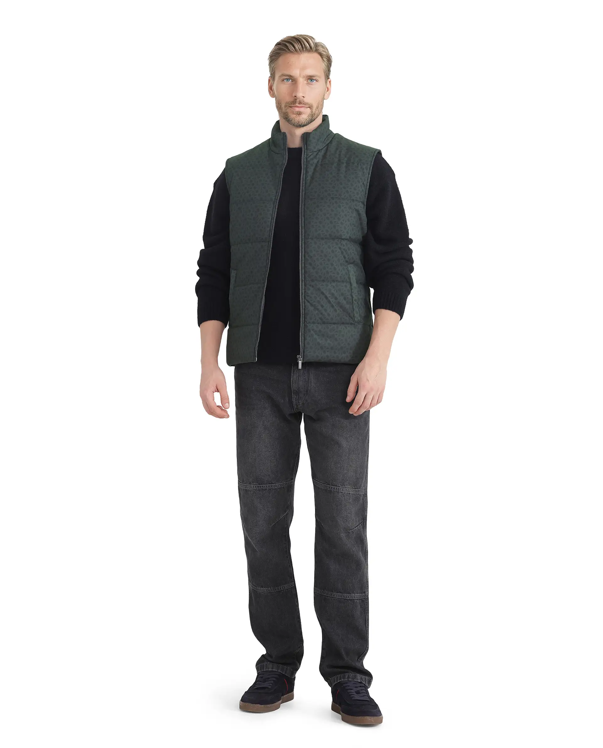 Rare Rabbit Men's Darif Petrol Polyester Monogram Print Regular Fit Sleeveless High Neck Jacket - Image 2