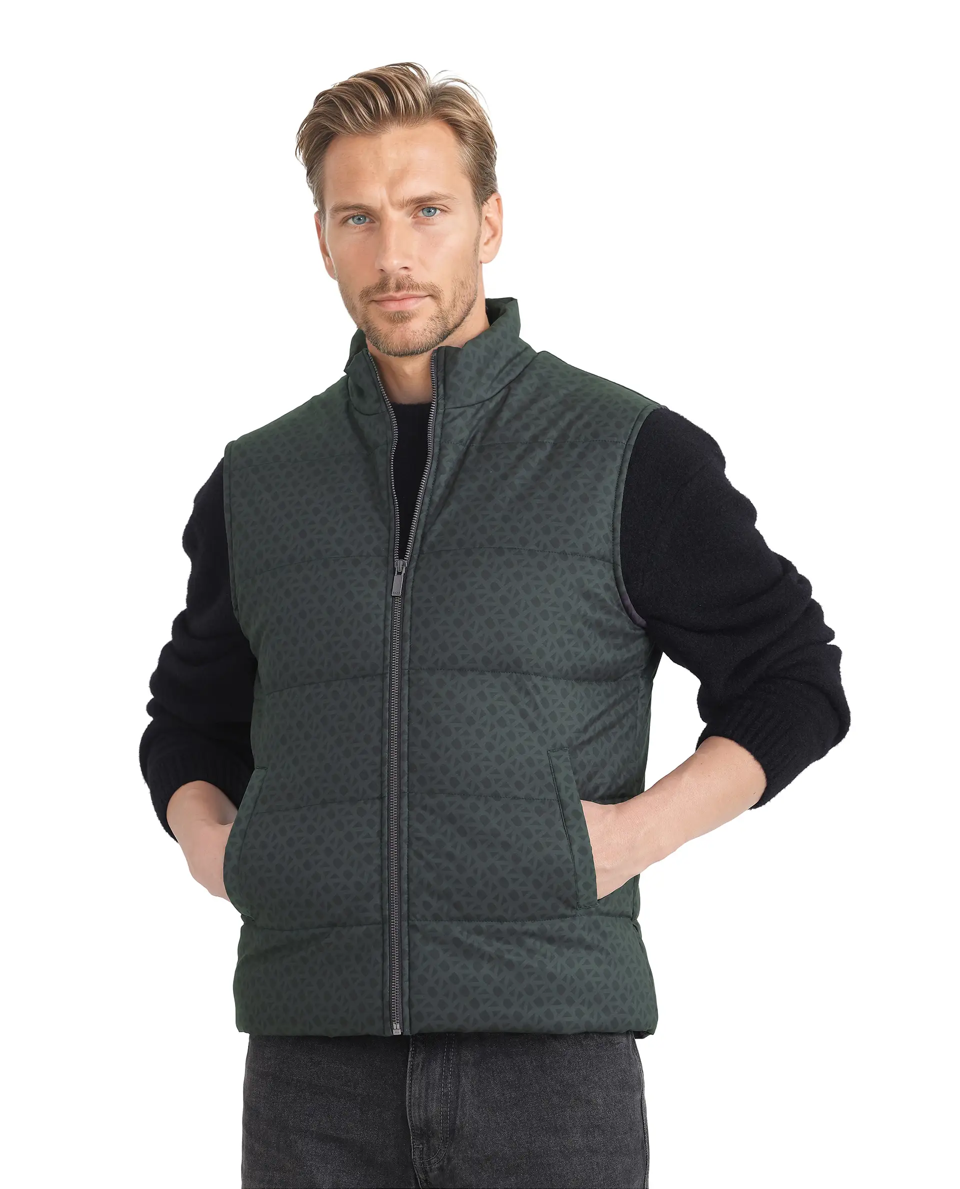 Rare Rabbit Men's Darif Petrol Polyester Monogram Print Regular Fit Sleeveless High Neck Jacket - Image 3
