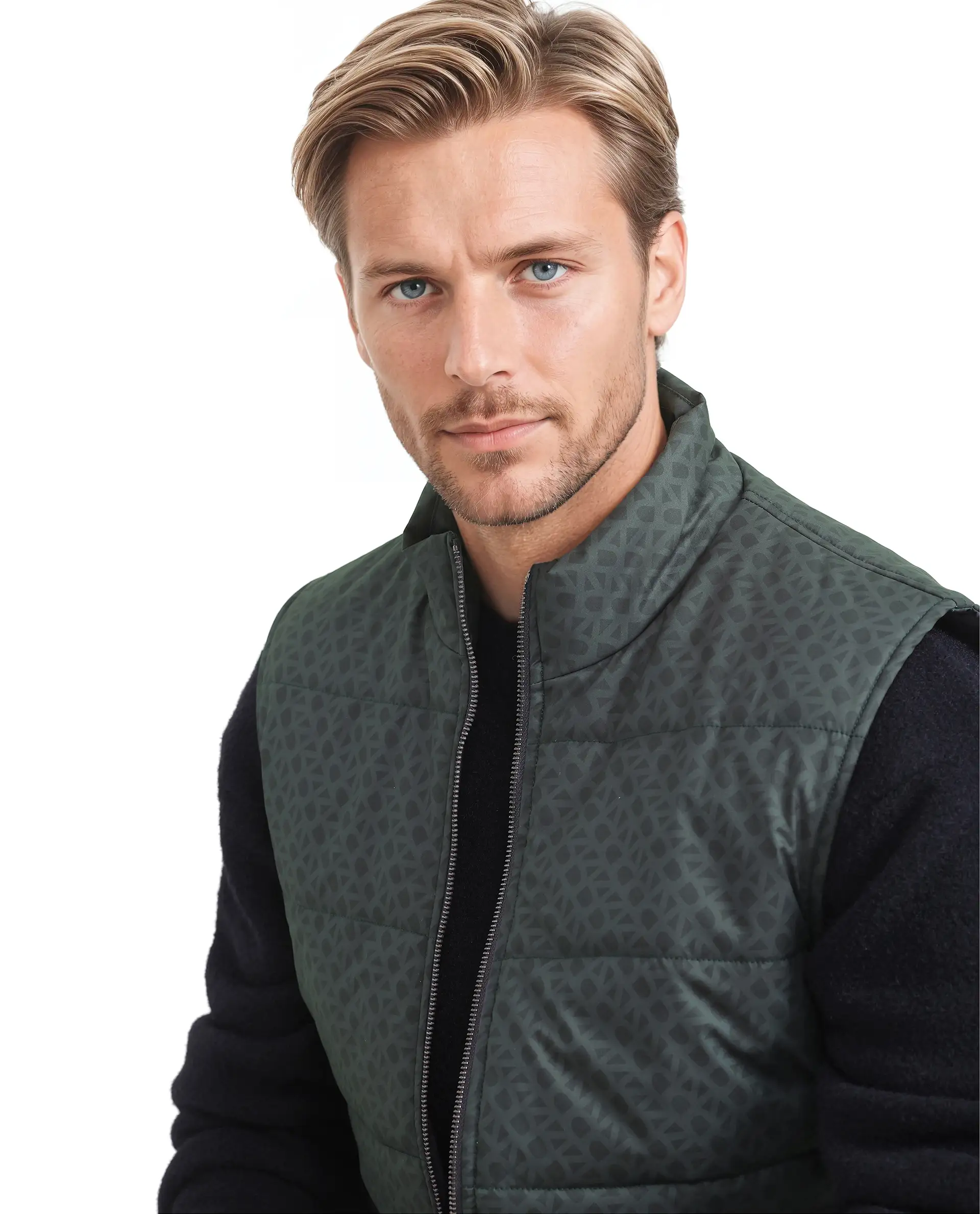 Rare Rabbit Men's Darif Petrol Polyester Monogram Print Regular Fit Sleeveless High Neck Jacket - Image 4