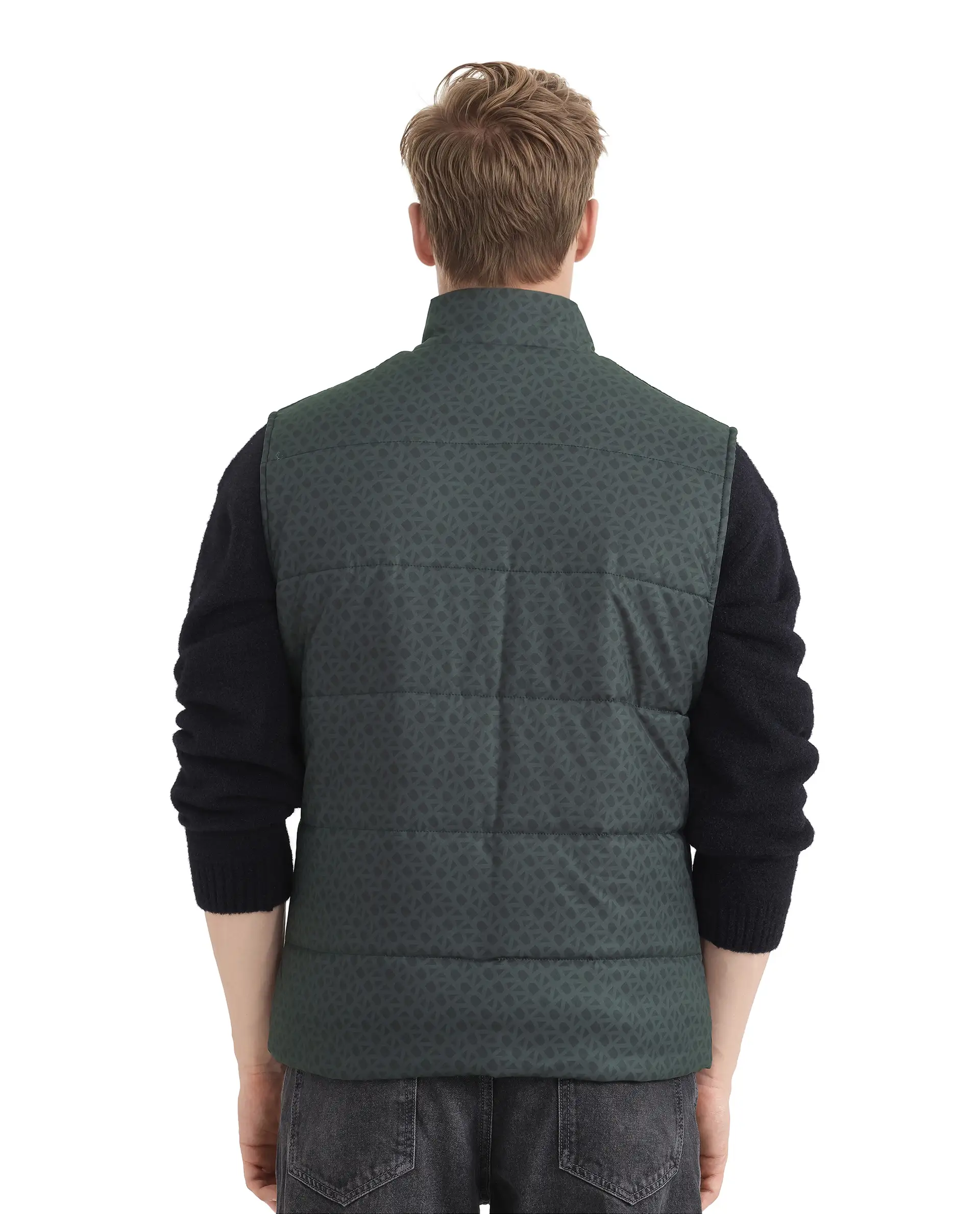 Rare Rabbit Men's Darif Petrol Polyester Monogram Print Regular Fit Sleeveless High Neck Jacket - Image 5