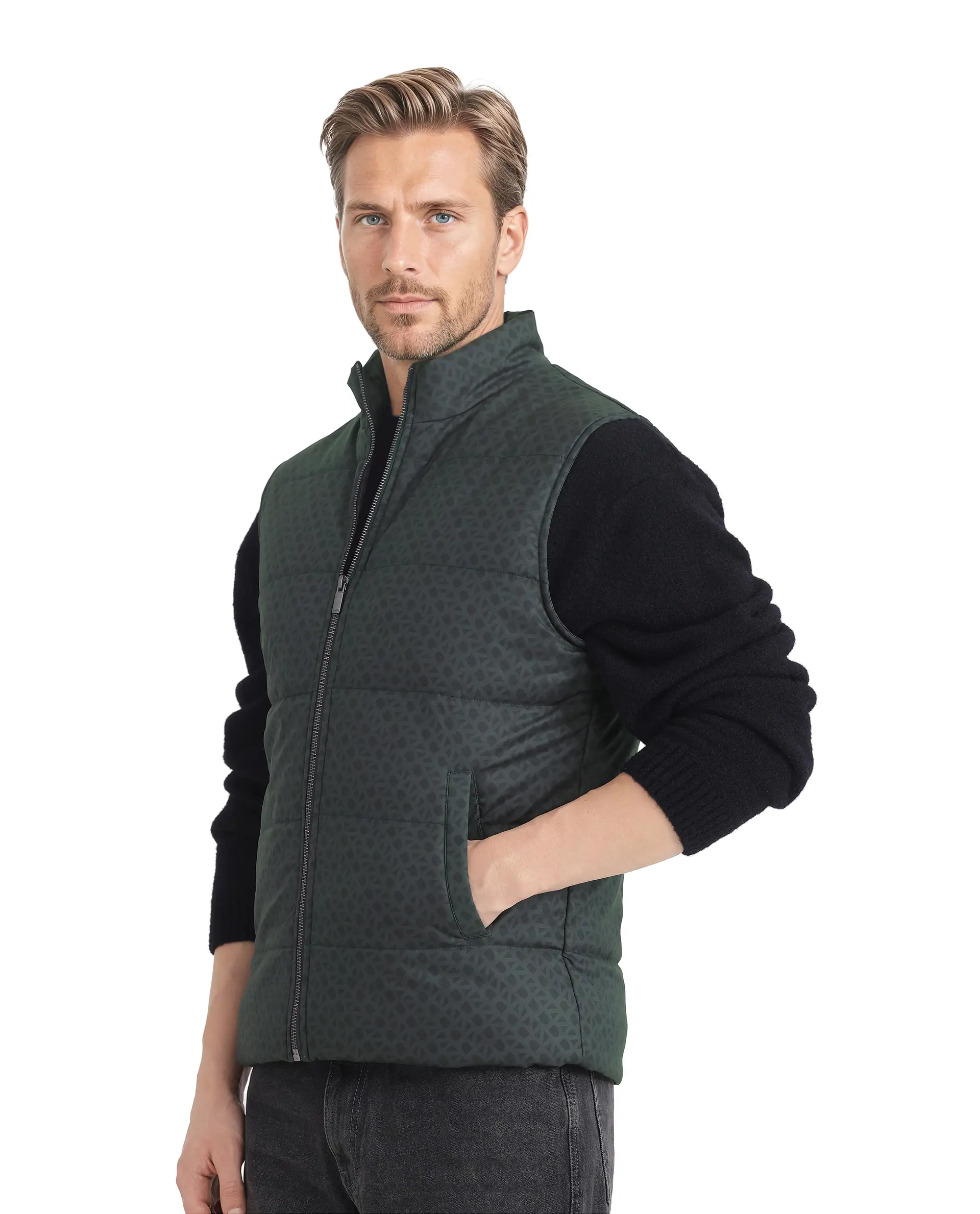 Rare Rabbit Men's Darif Petrol Polyester Monogram Print Regular Fit Sleeveless High Neck Jacket - Image 6