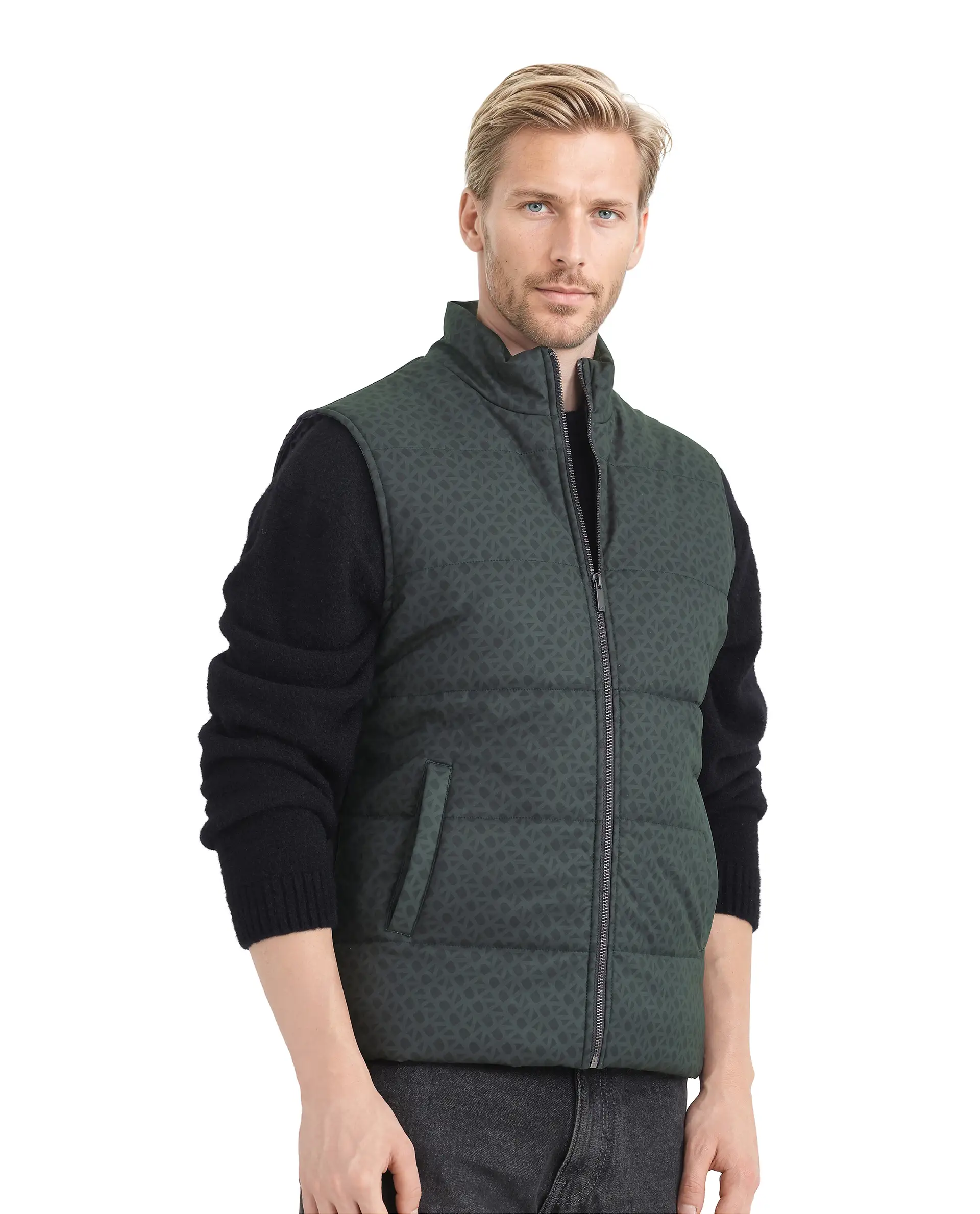 Rare Rabbit Men's Darif Petrol Polyester Monogram Print Regular Fit Sleeveless High Neck Jacket - Image 7