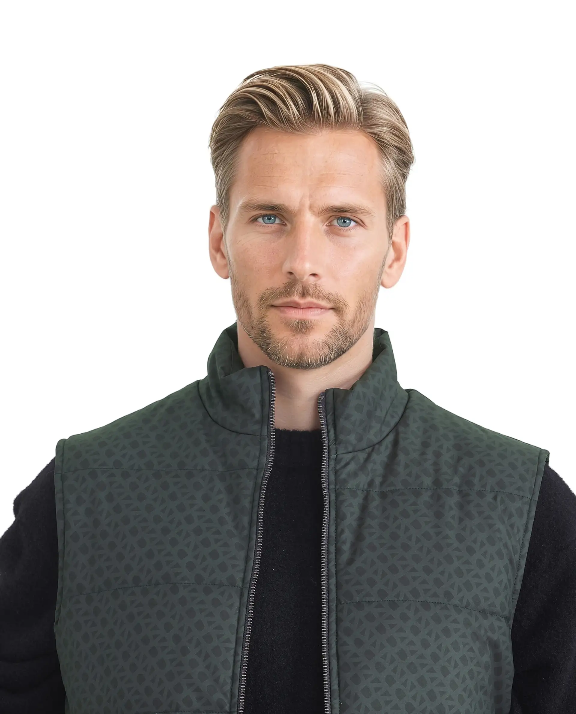 Rare Rabbit Men's Darif Petrol Polyester Monogram Print Regular Fit Sleeveless High Neck Jacket - Image 8