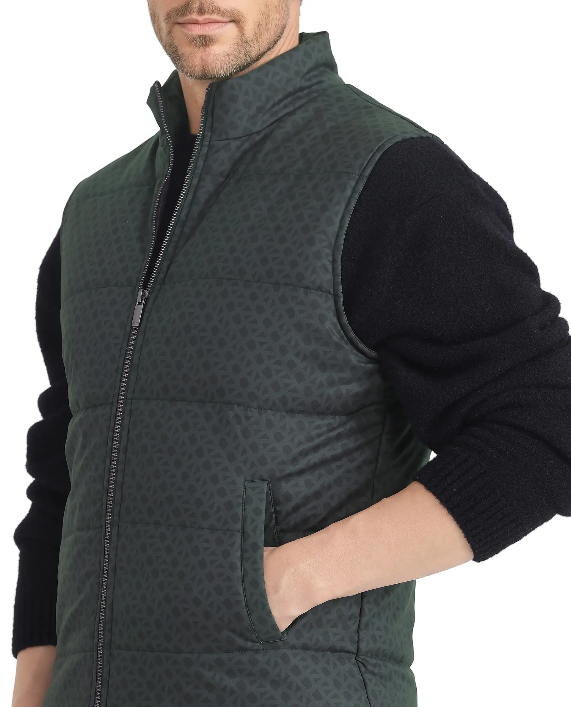Rare Rabbit Men's Darif Petrol Polyester Monogram Print Regular Fit Sleeveless High Neck Jacket - Image 9