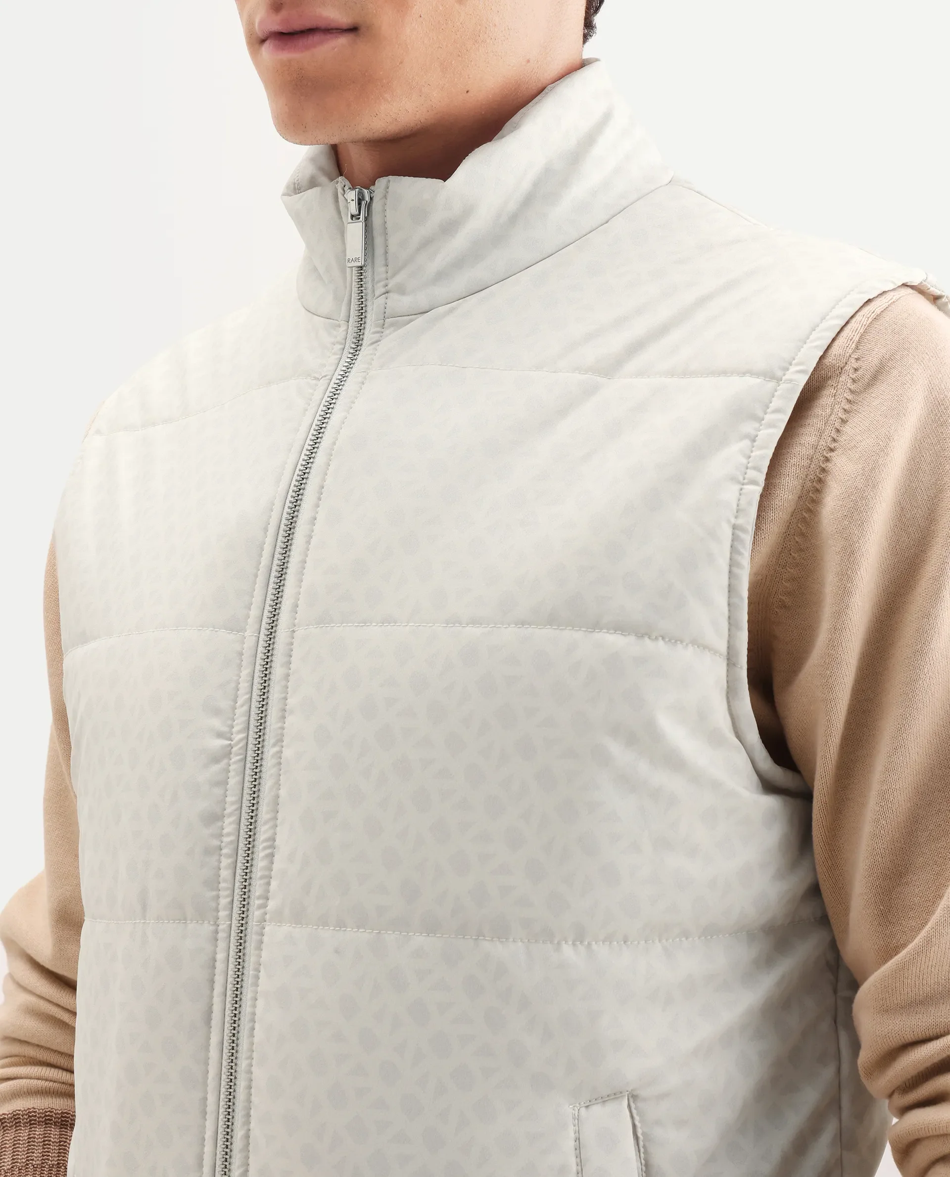 Rare Rabbit Men's Darif White Polyester Printed Regular Fit Sleeveless High Neck Jacket - Image 3