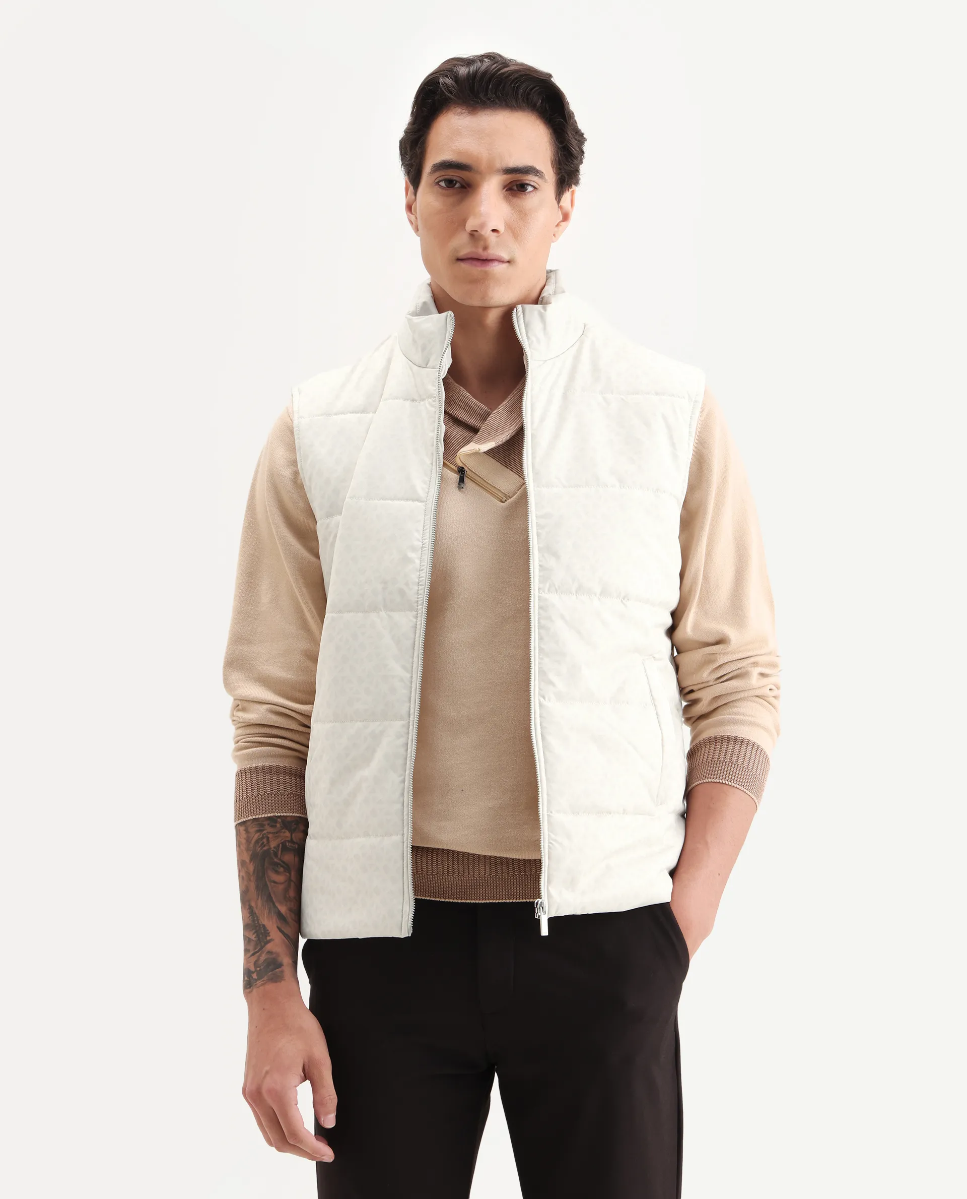 Rare Rabbit Men's Darif White Polyester Printed Regular Fit Sleeveless High Neck Jacket - Image 4