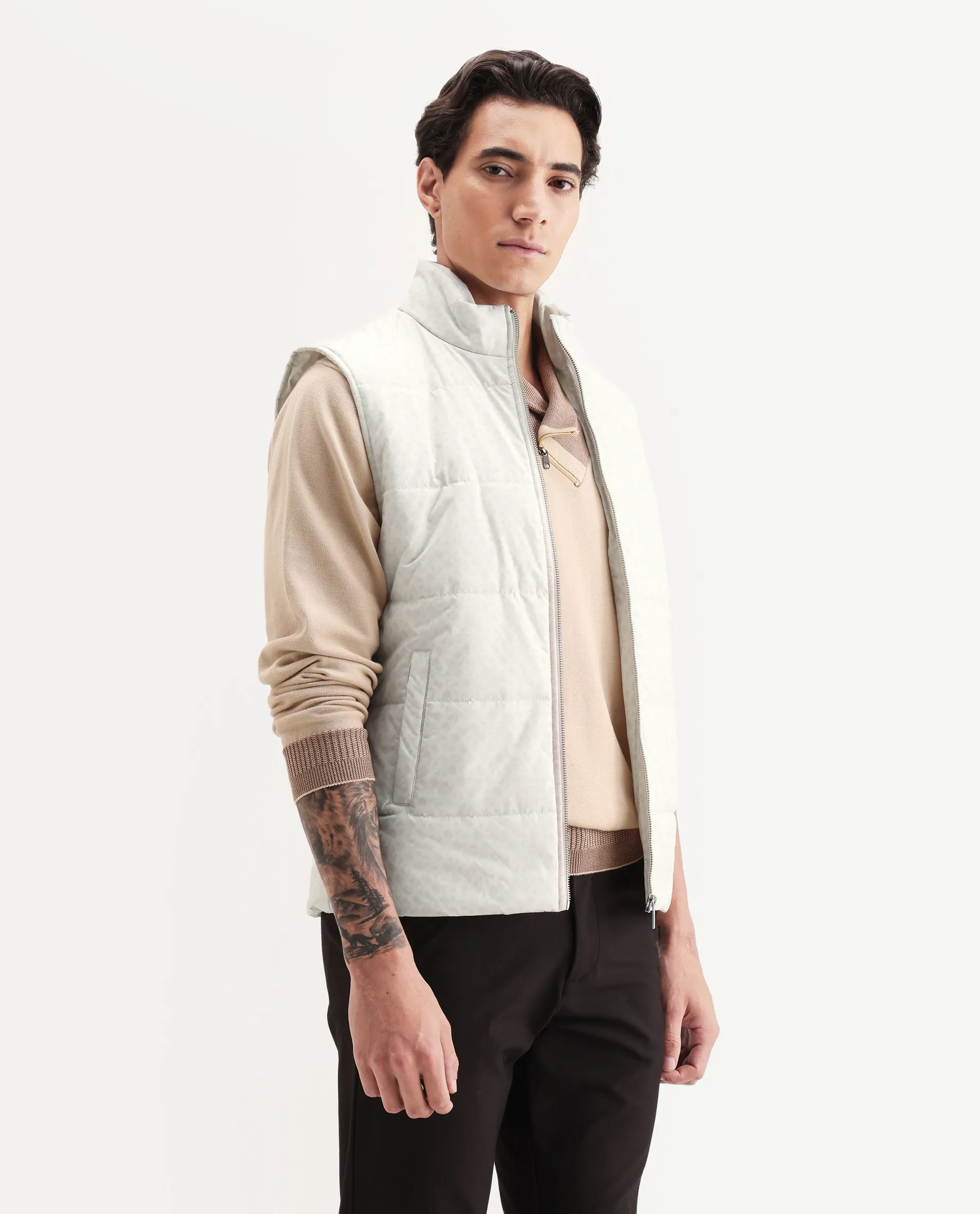 Rare Rabbit Men's Darif White Polyester Printed Regular Fit Sleeveless High Neck Jacket - Image 6
