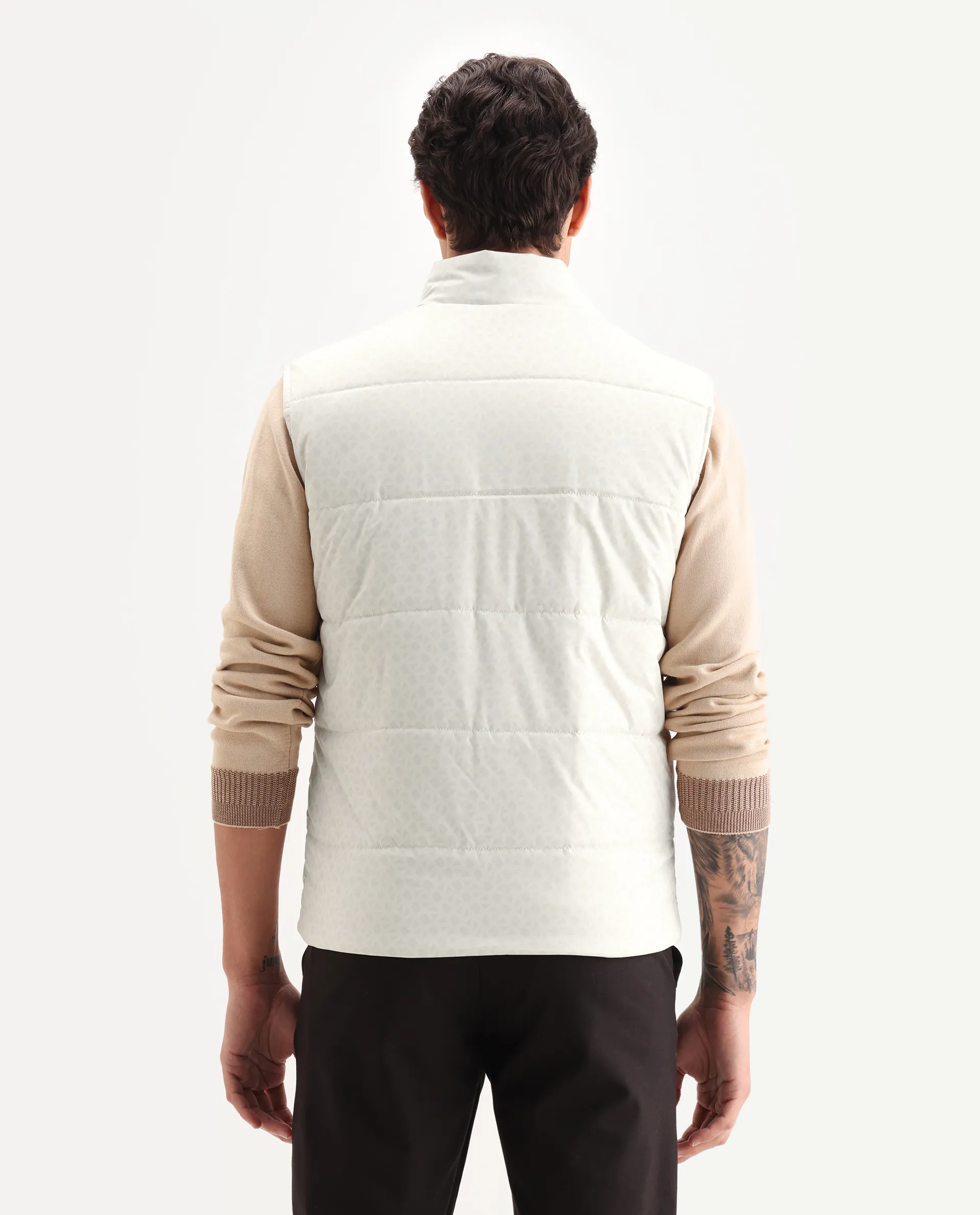 Rare Rabbit Men's Darif White Polyester Printed Regular Fit Sleeveless High Neck Jacket - Image 7