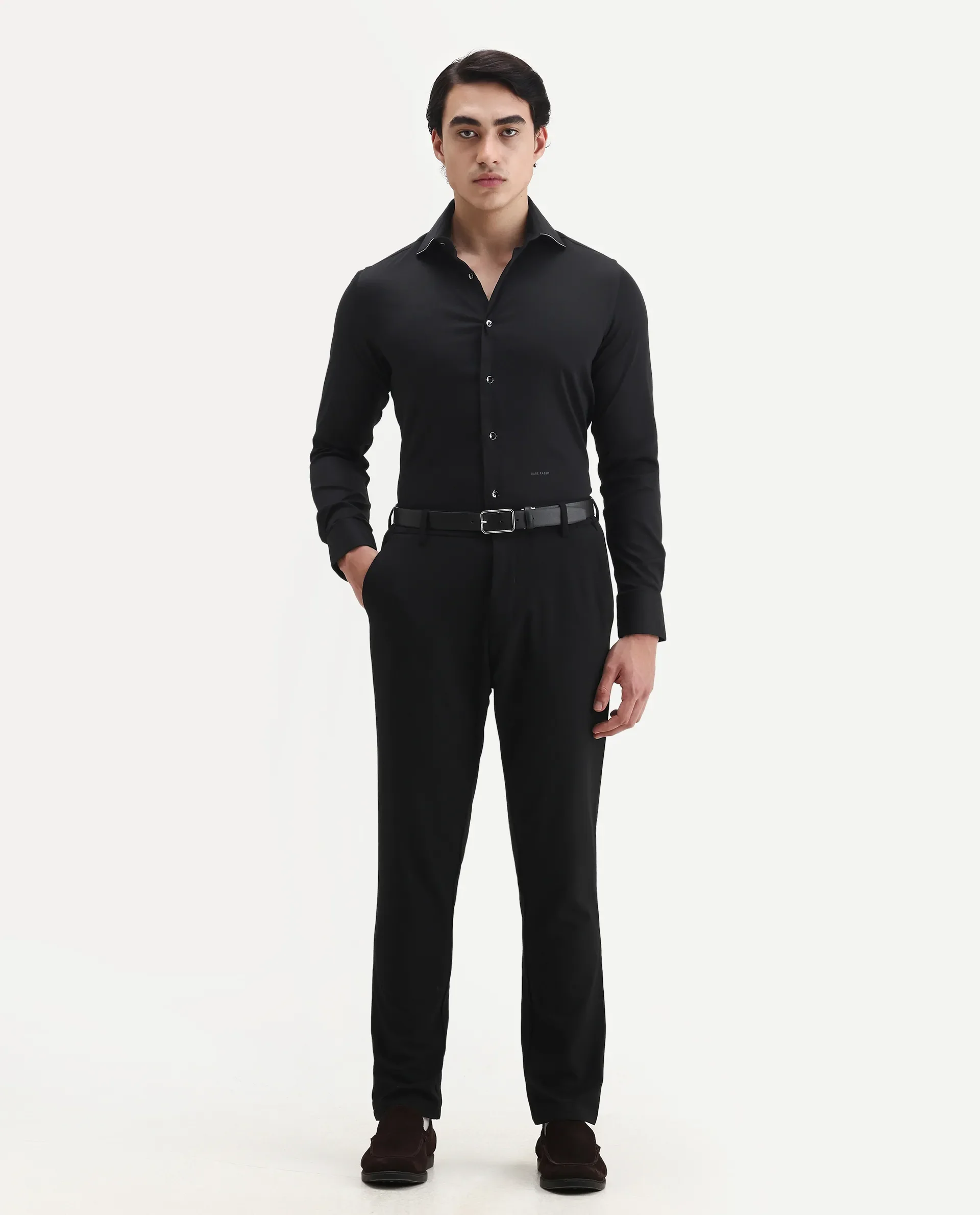 Rare Rabbit Men's Dario Black Cotton Plain Regular Fit Full Sleeve Collared Shirt - Image 2