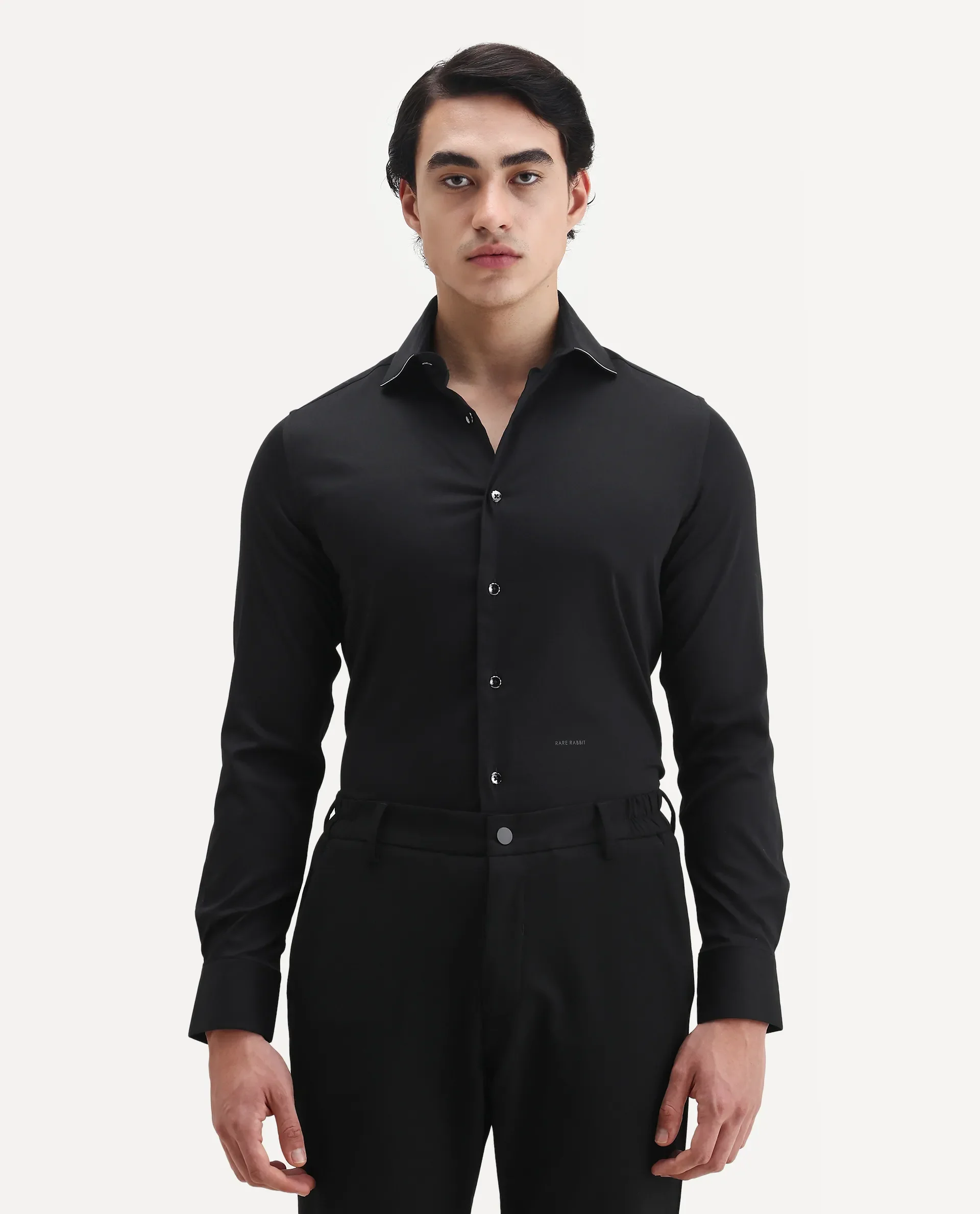 Rare Rabbit Men's Dario Black Cotton Plain Regular Fit Full Sleeve Collared Shirt - Image 5