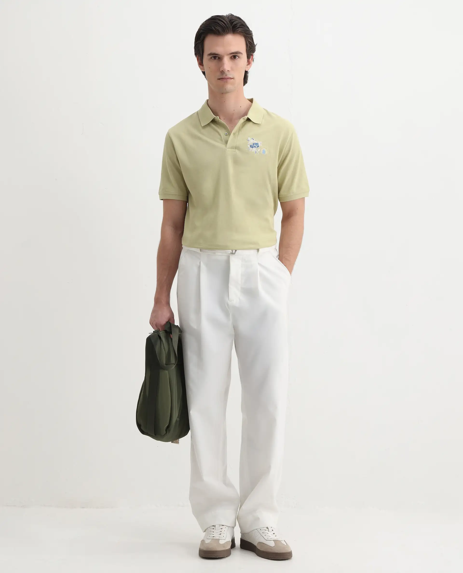 Rare Rabbit Men's Dariol Light Green Cotton Embroidered Regular Fit Half Sleeve Polo - Image 2