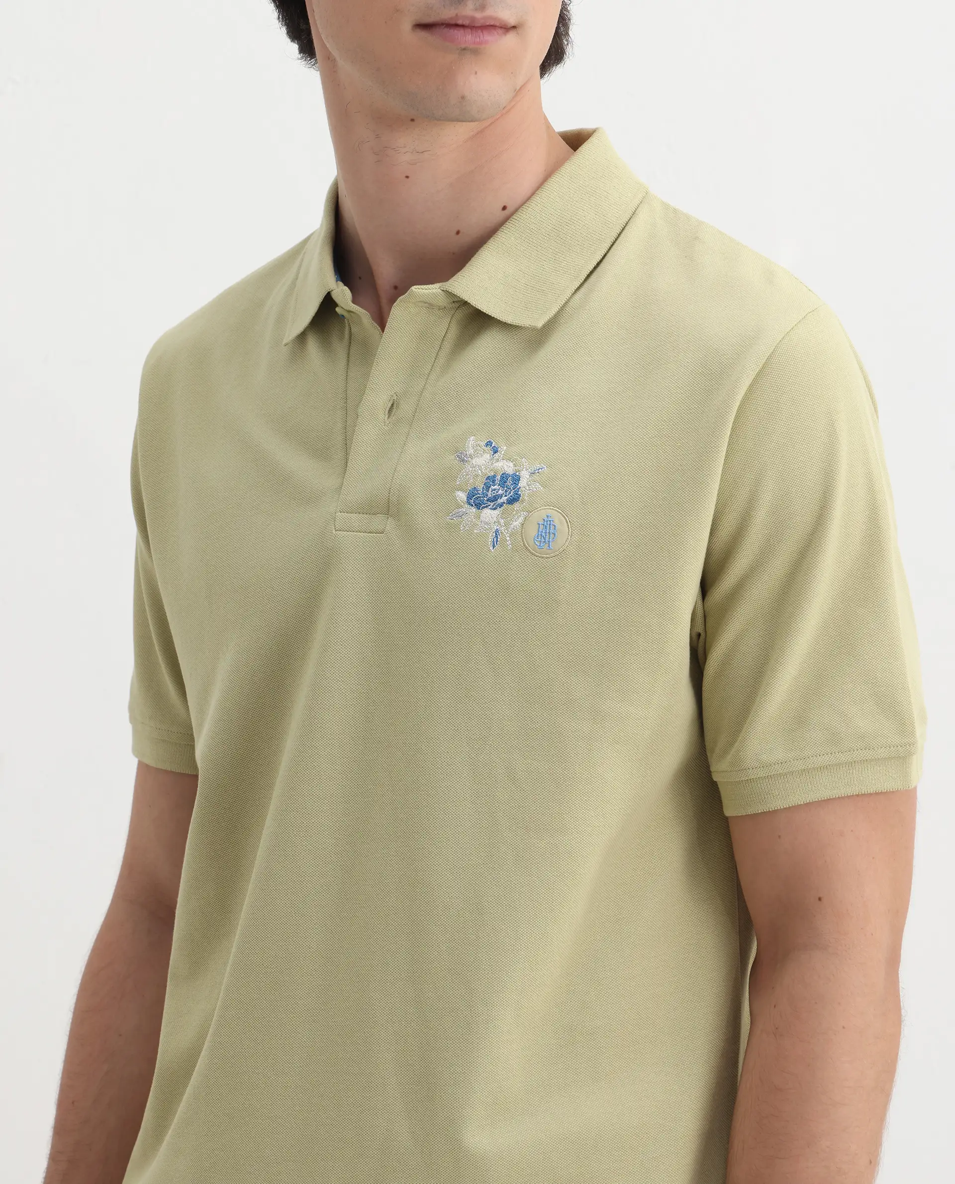 Rare Rabbit Men's Dariol Light Green Cotton Embroidered Regular Fit Half Sleeve Polo - Image 3