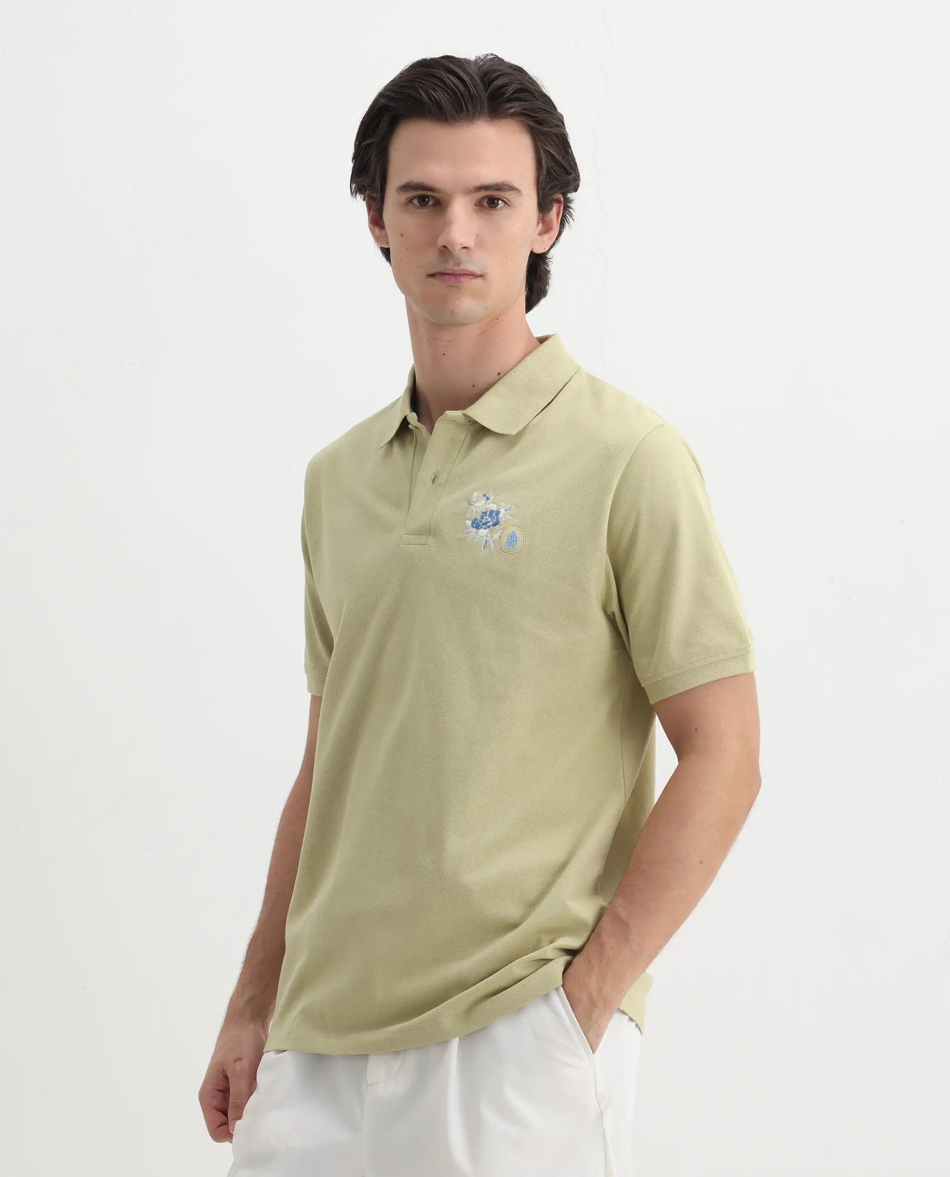 Rare Rabbit Men's Dariol Light Green Cotton Embroidered Regular Fit Half Sleeve Polo - Image 4