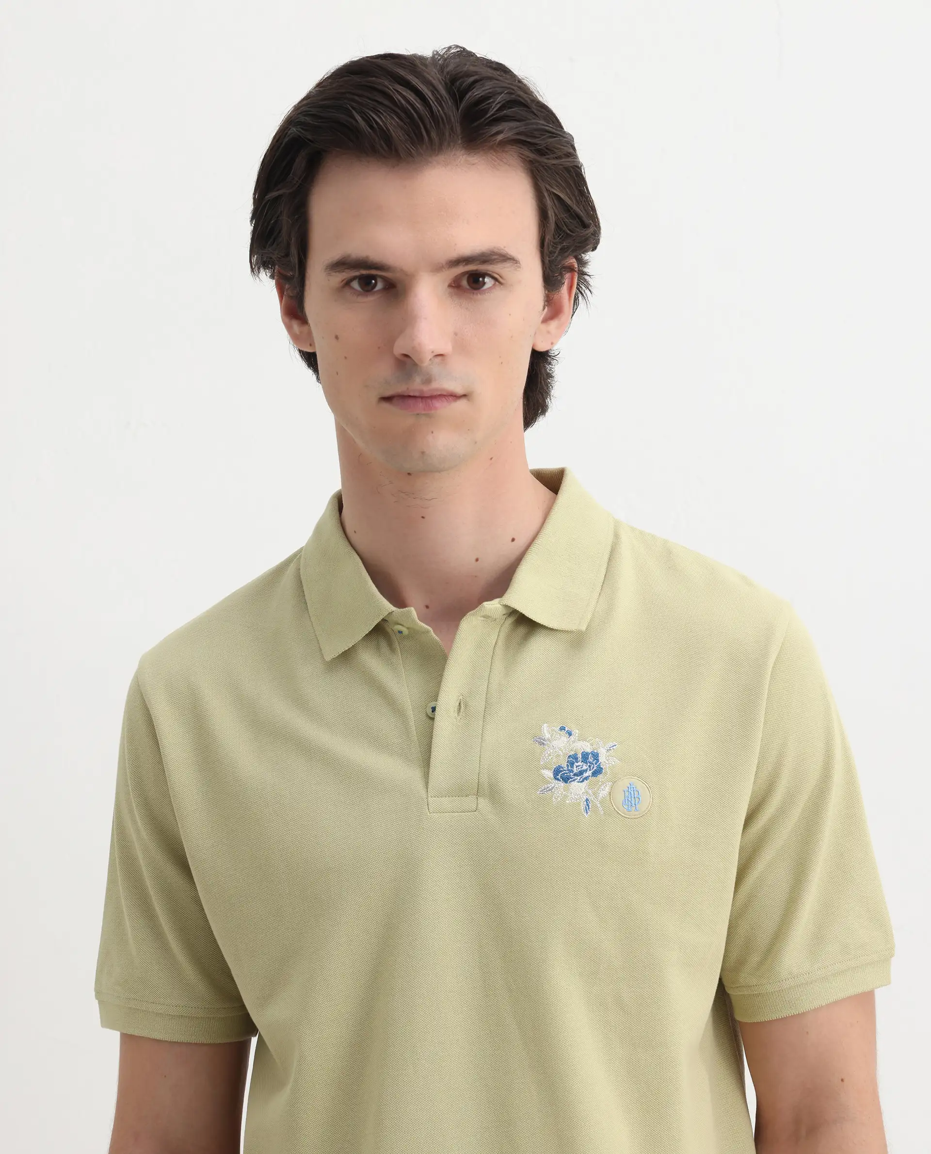 Rare Rabbit Men's Dariol Light Green Cotton Embroidered Regular Fit Half Sleeve Polo - Image 5