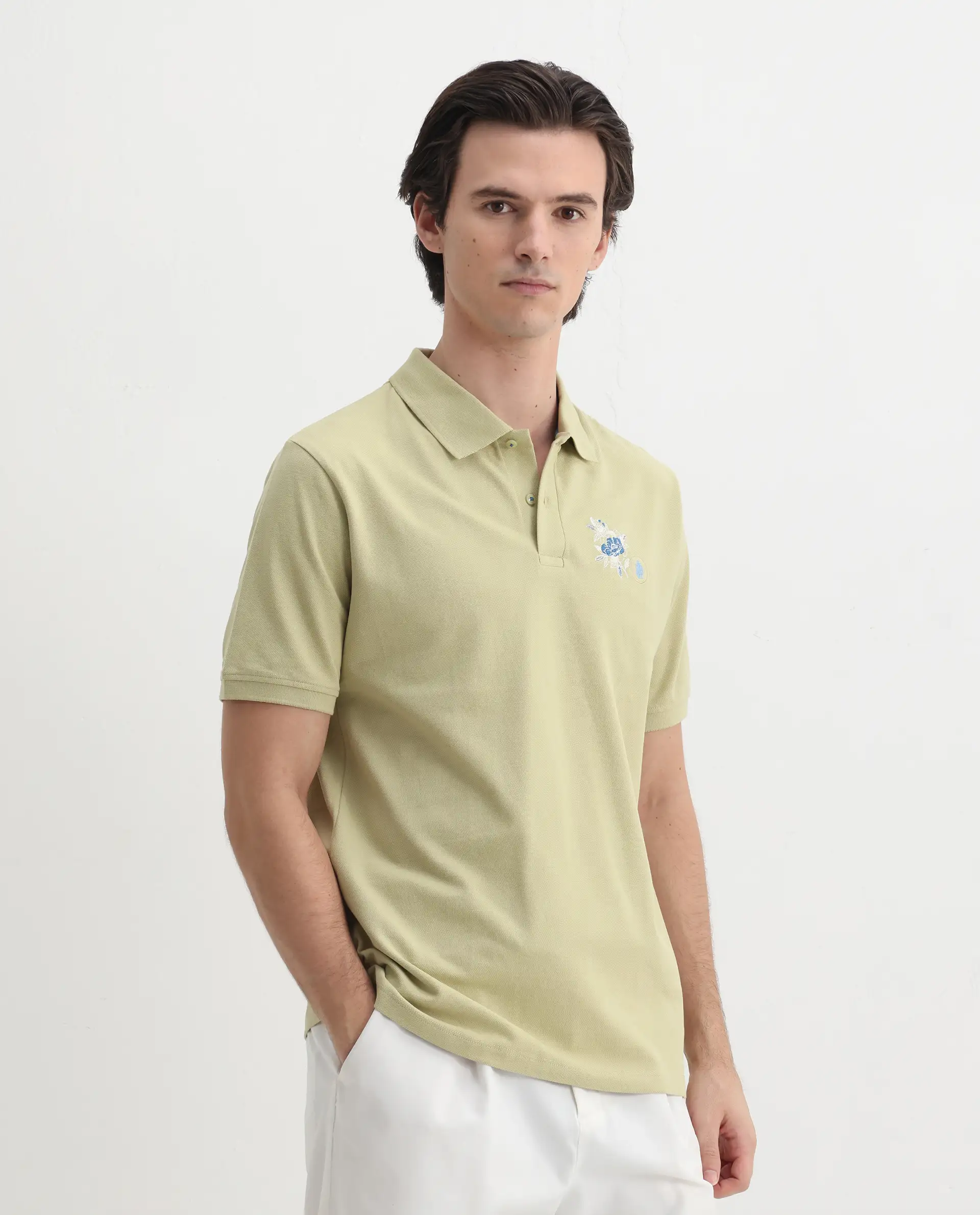 Rare Rabbit Men's Dariol Light Green Cotton Embroidered Regular Fit Half Sleeve Polo - Image 7