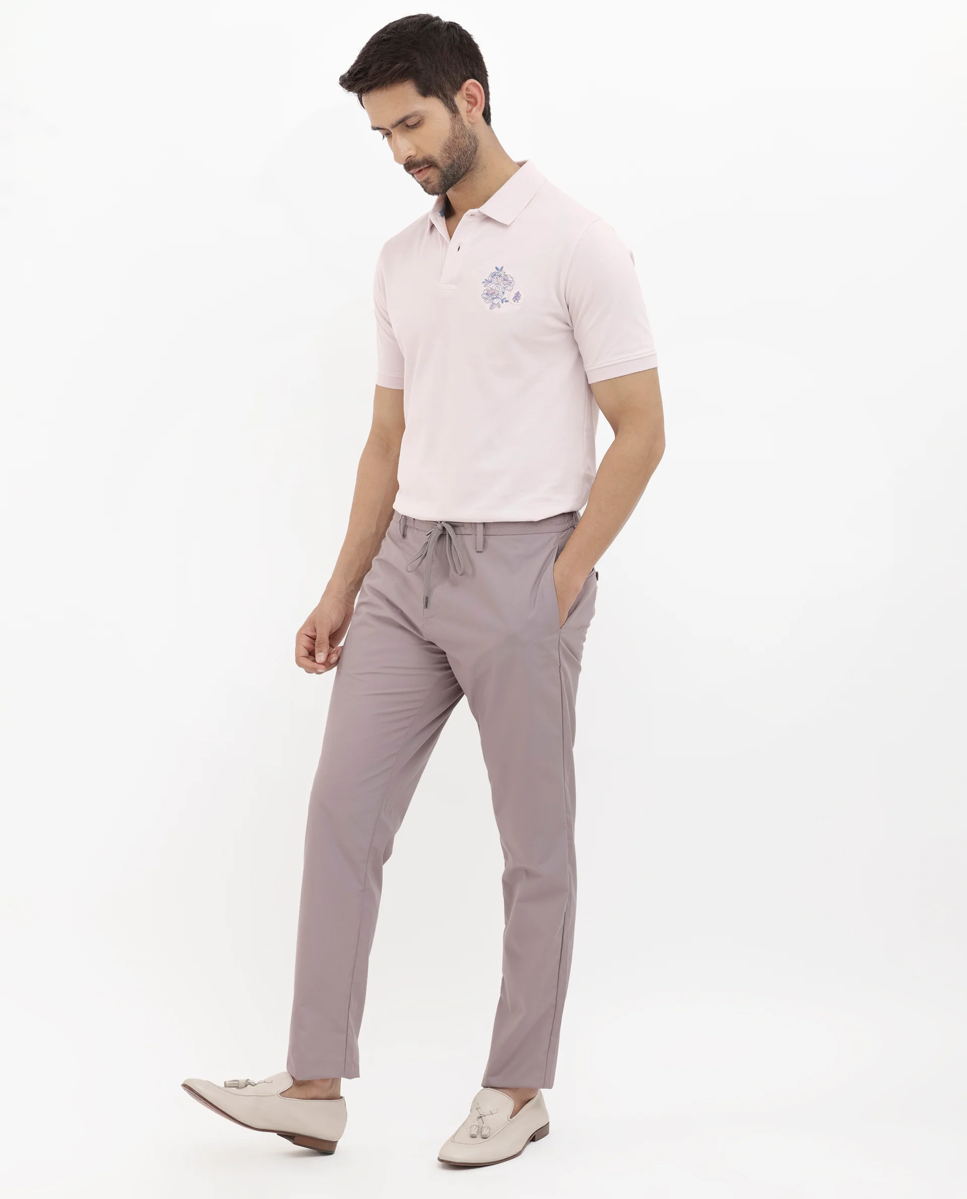 Rare Rabbit Men's Dariol Light Pink Cotton Embroidered Regular Fit Half Sleeve Polo - Image 2