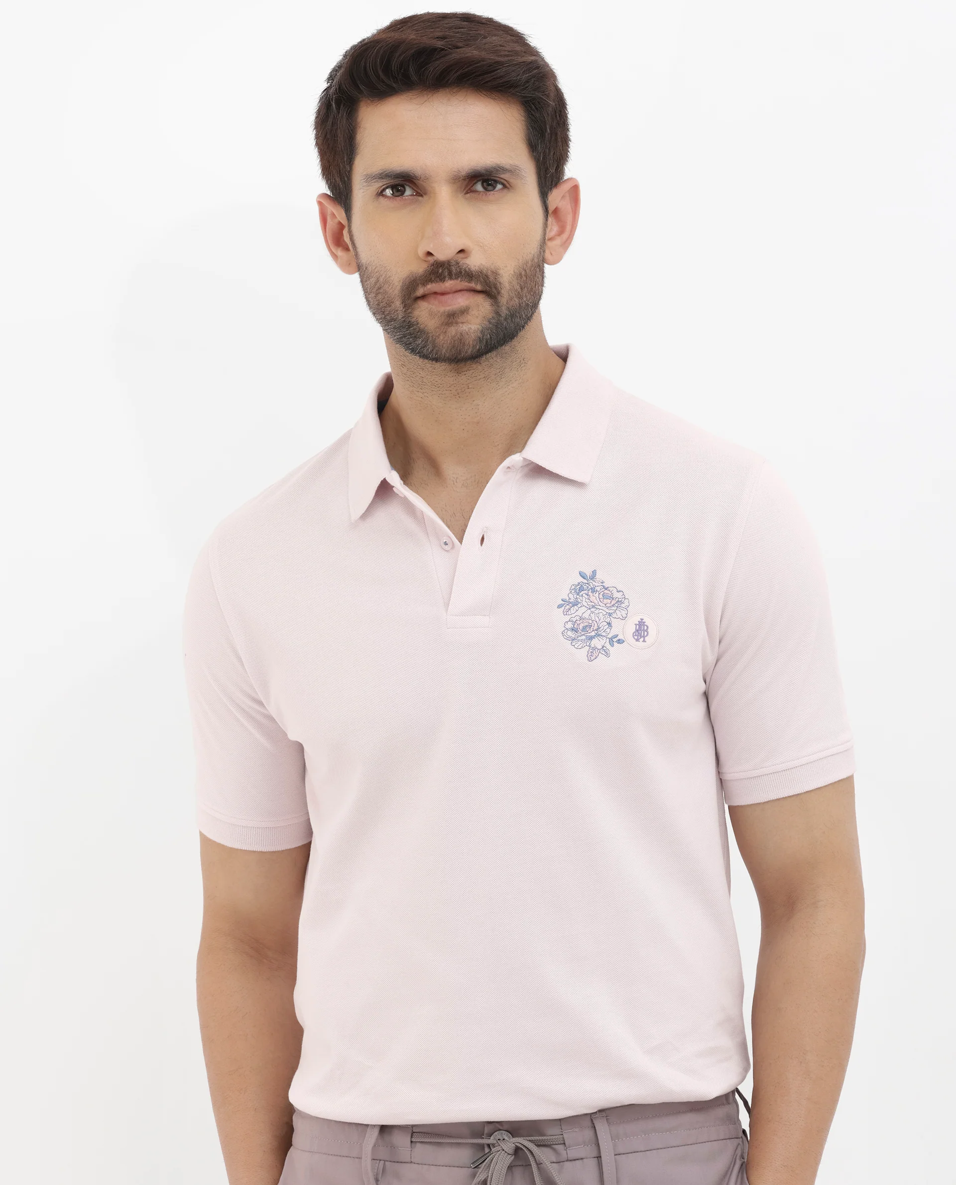Rare Rabbit Men's Dariol Light Pink Cotton Embroidered Regular Fit Half Sleeve Polo - Image 3