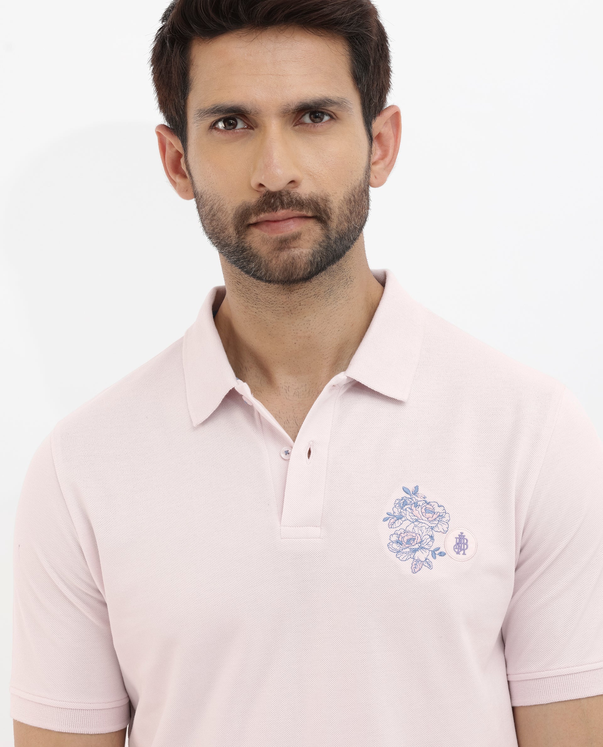 Rare Rabbit Men's Dariol Light Pink Cotton Embroidered Regular Fit Half Sleeve Polo - Image 4
