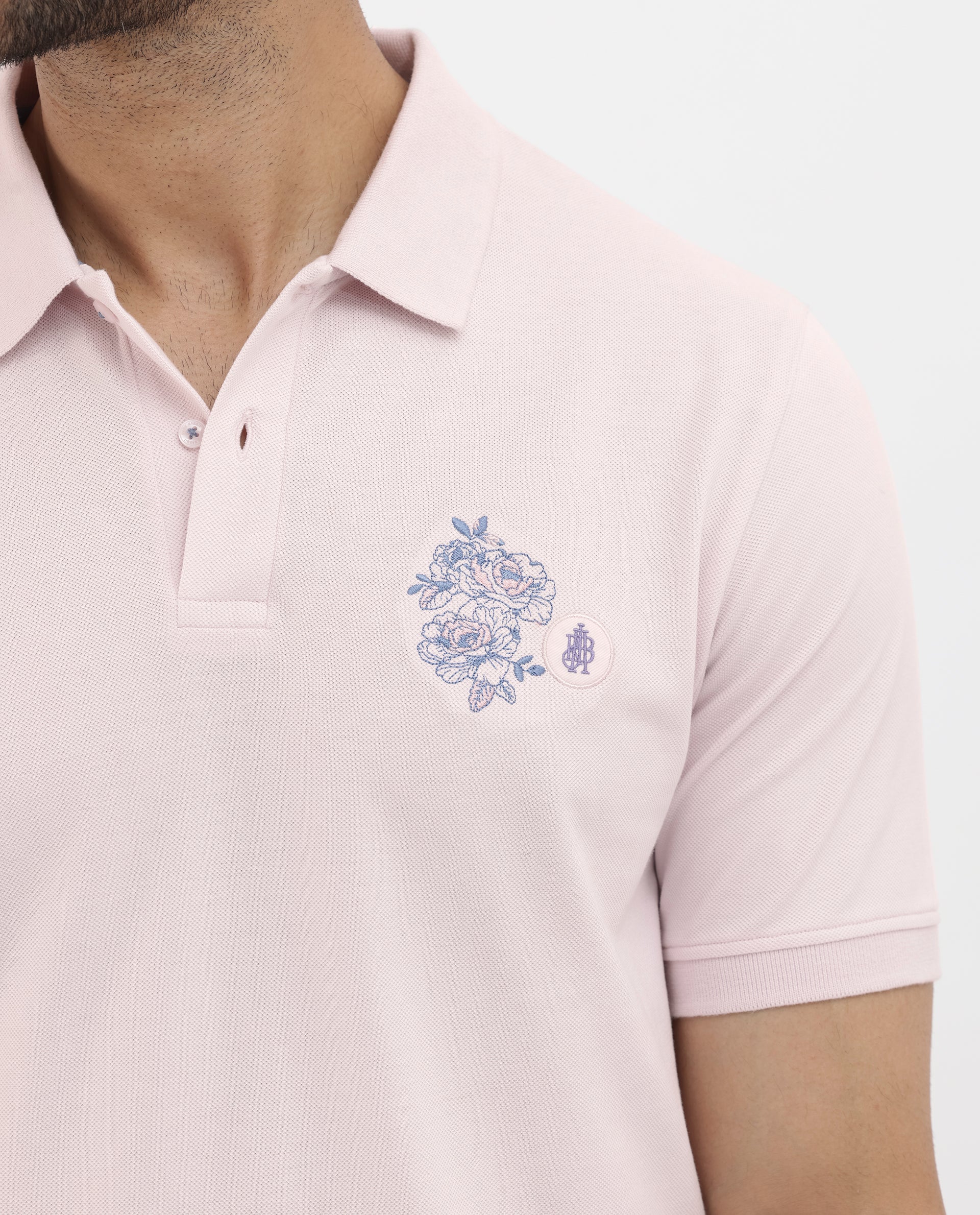 Rare Rabbit Men's Dariol Light Pink Cotton Embroidered Regular Fit Half Sleeve Polo - Image 5