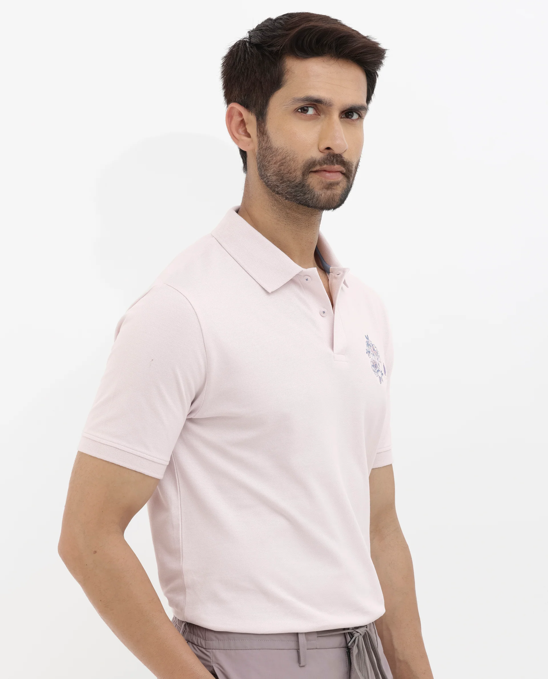 Rare Rabbit Men's Dariol Light Pink Cotton Embroidered Regular Fit Half Sleeve Polo - Image 7