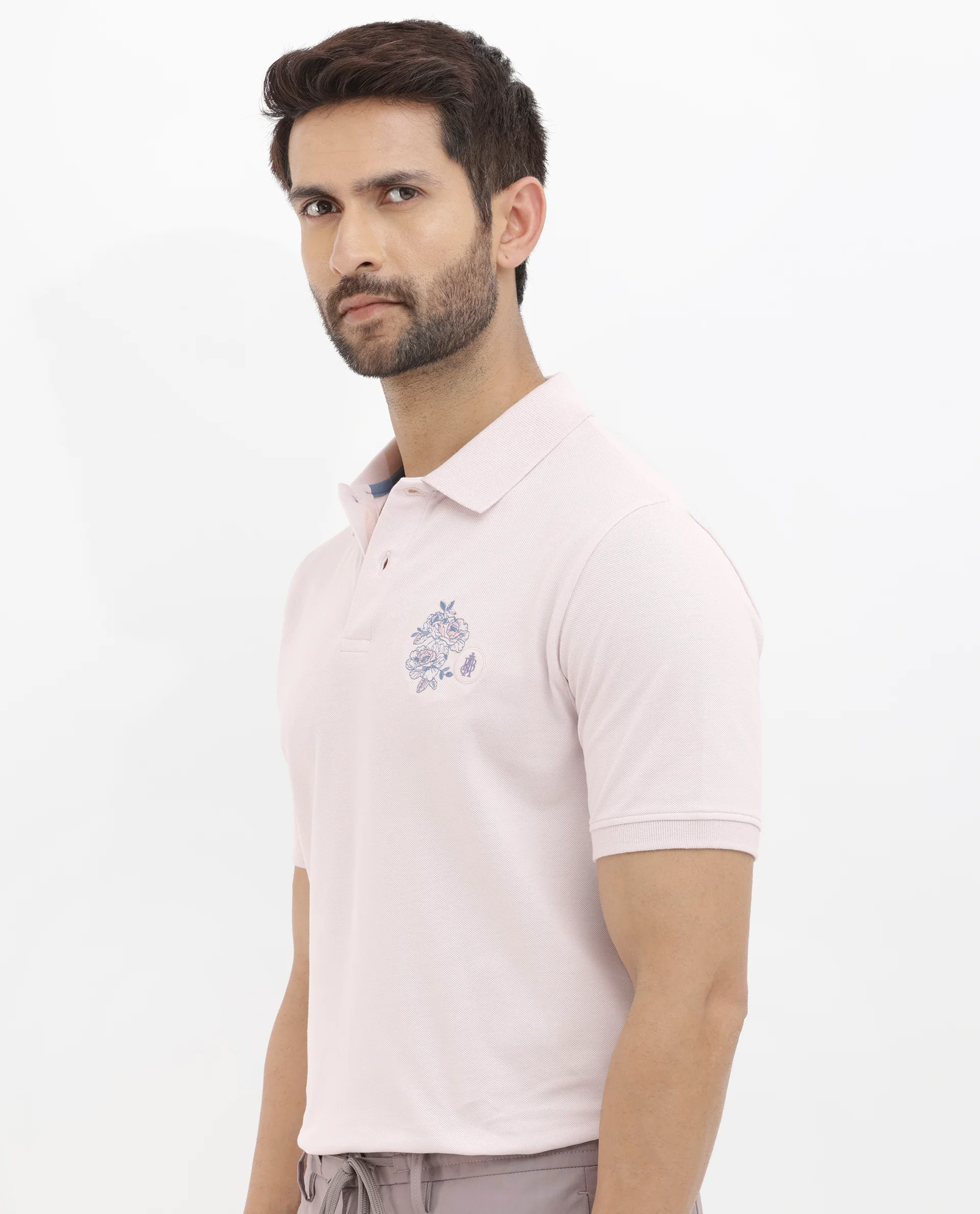 Rare Rabbit Men's Dariol Light Pink Cotton Embroidered Regular Fit Half Sleeve Polo - Image 8