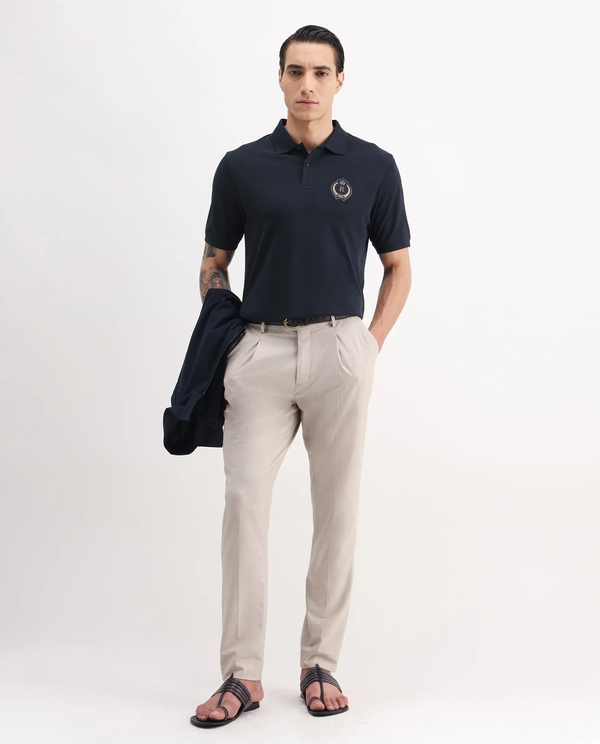 Rare Rabbit Men's Dariol Navy Cotton Plain Regular Fit Half Sleeve Polo - Image 2
