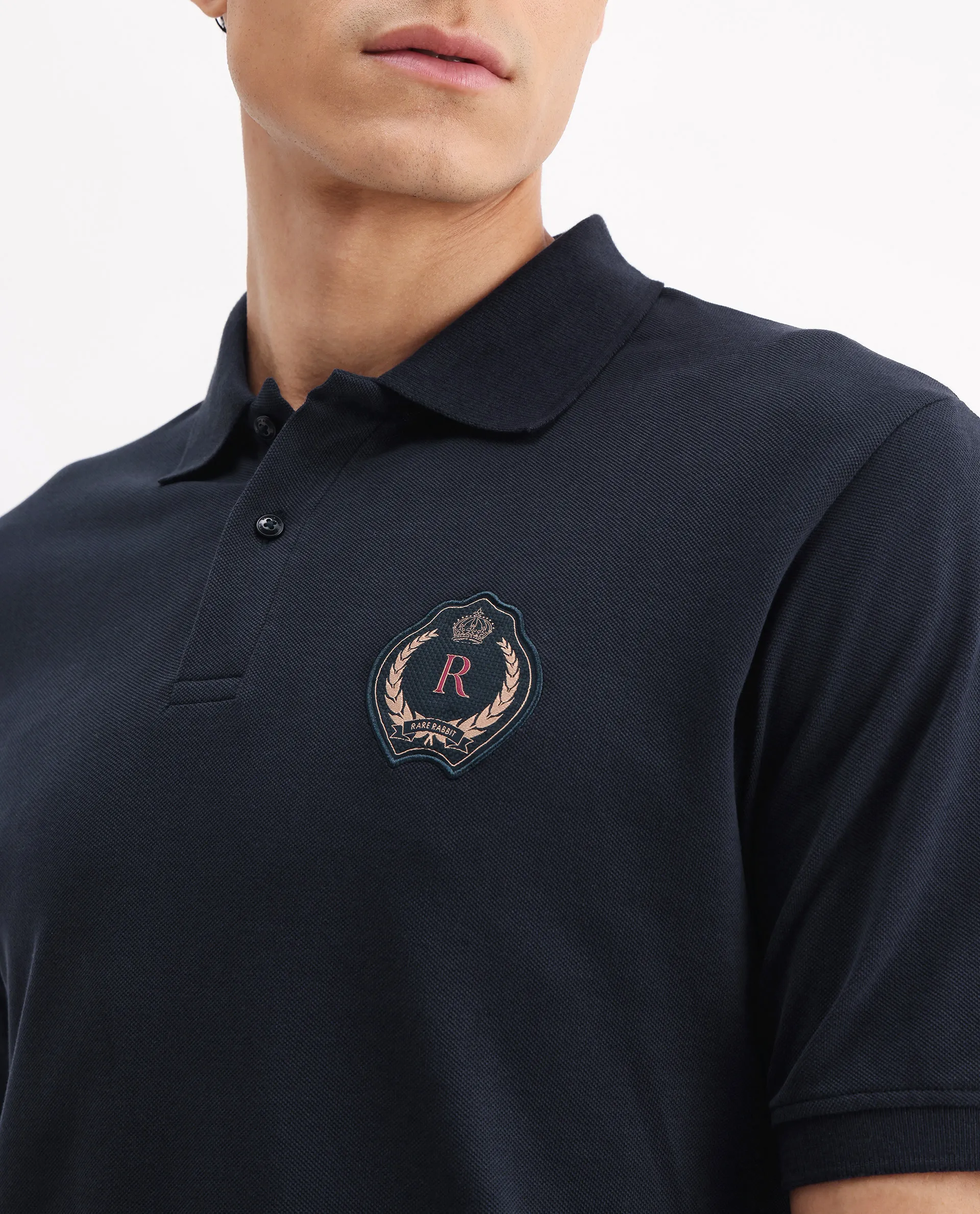 Rare Rabbit Men's Dariol Navy Cotton Plain Regular Fit Half Sleeve Polo - Image 3