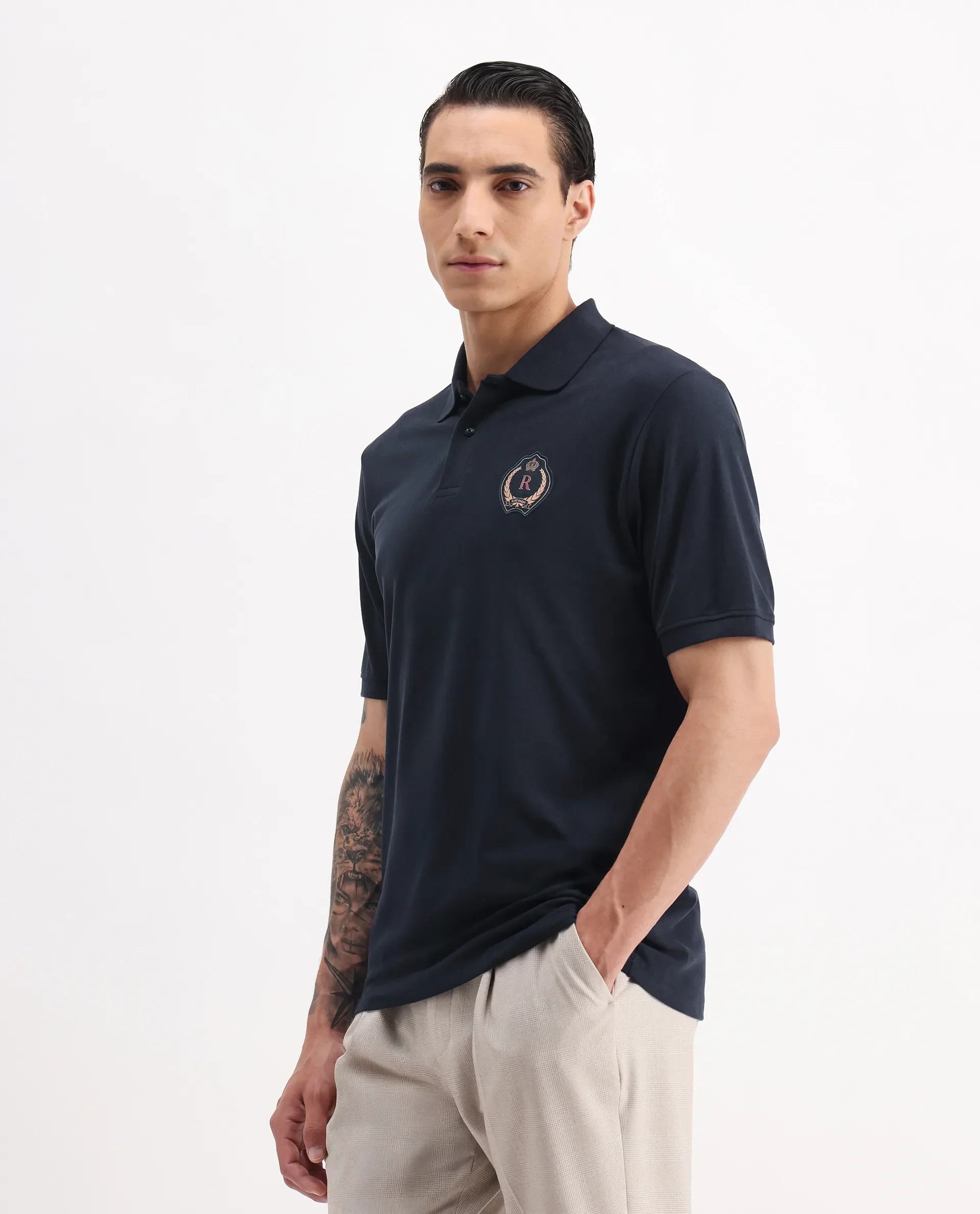 Rare Rabbit Men's Dariol Navy Cotton Plain Regular Fit Half Sleeve Polo - Image 4