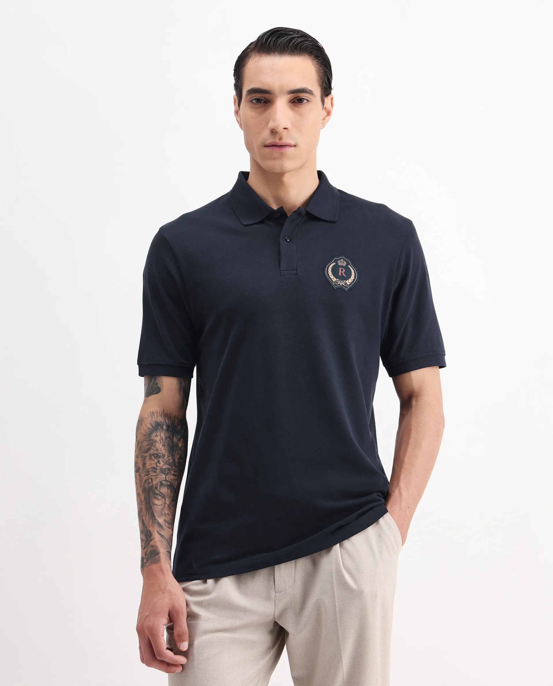 Rare Rabbit Men's Dariol Navy Cotton Plain Regular Fit Half Sleeve Polo - Image 5