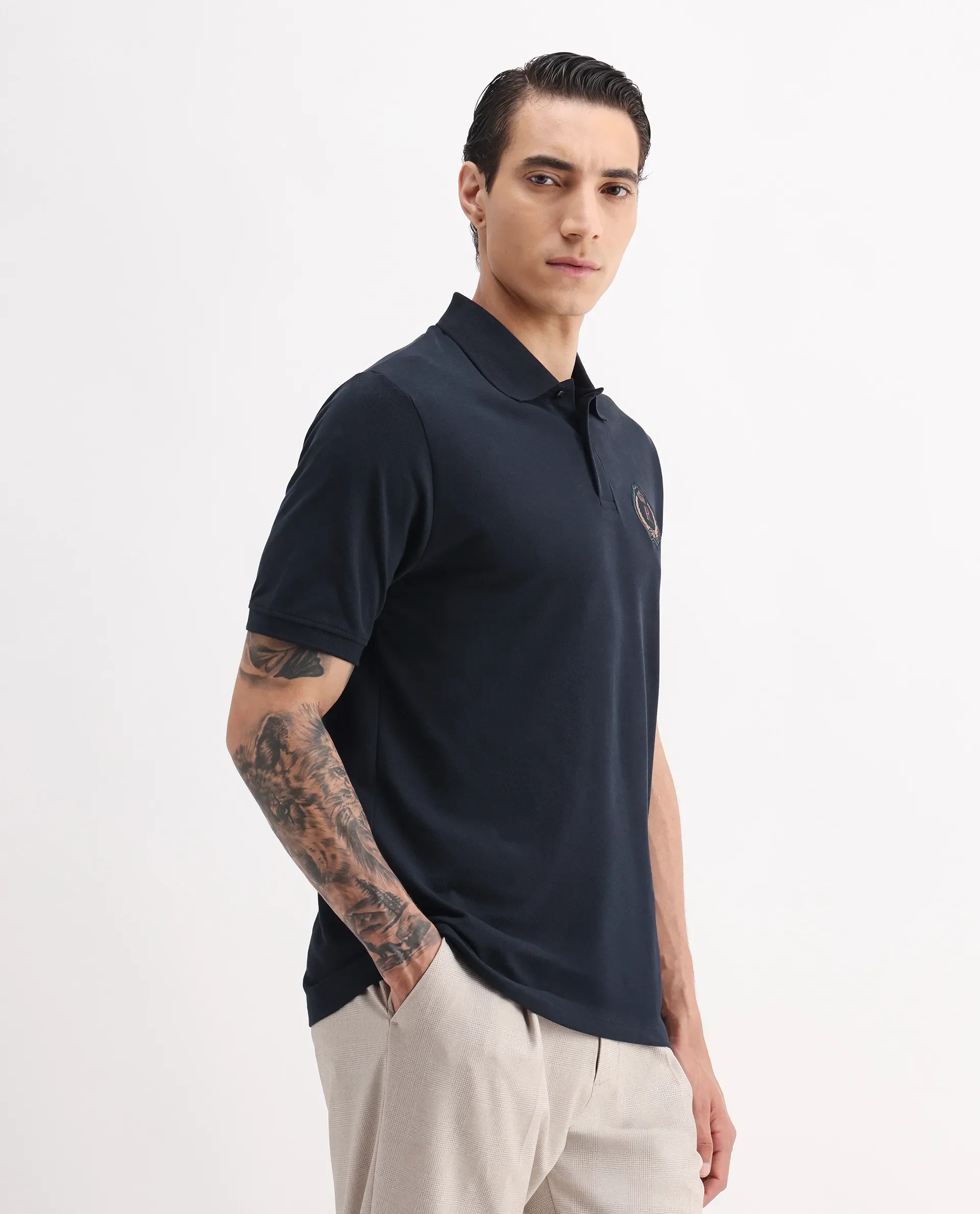 Rare Rabbit Men's Dariol Navy Cotton Plain Regular Fit Half Sleeve Polo - Image 6