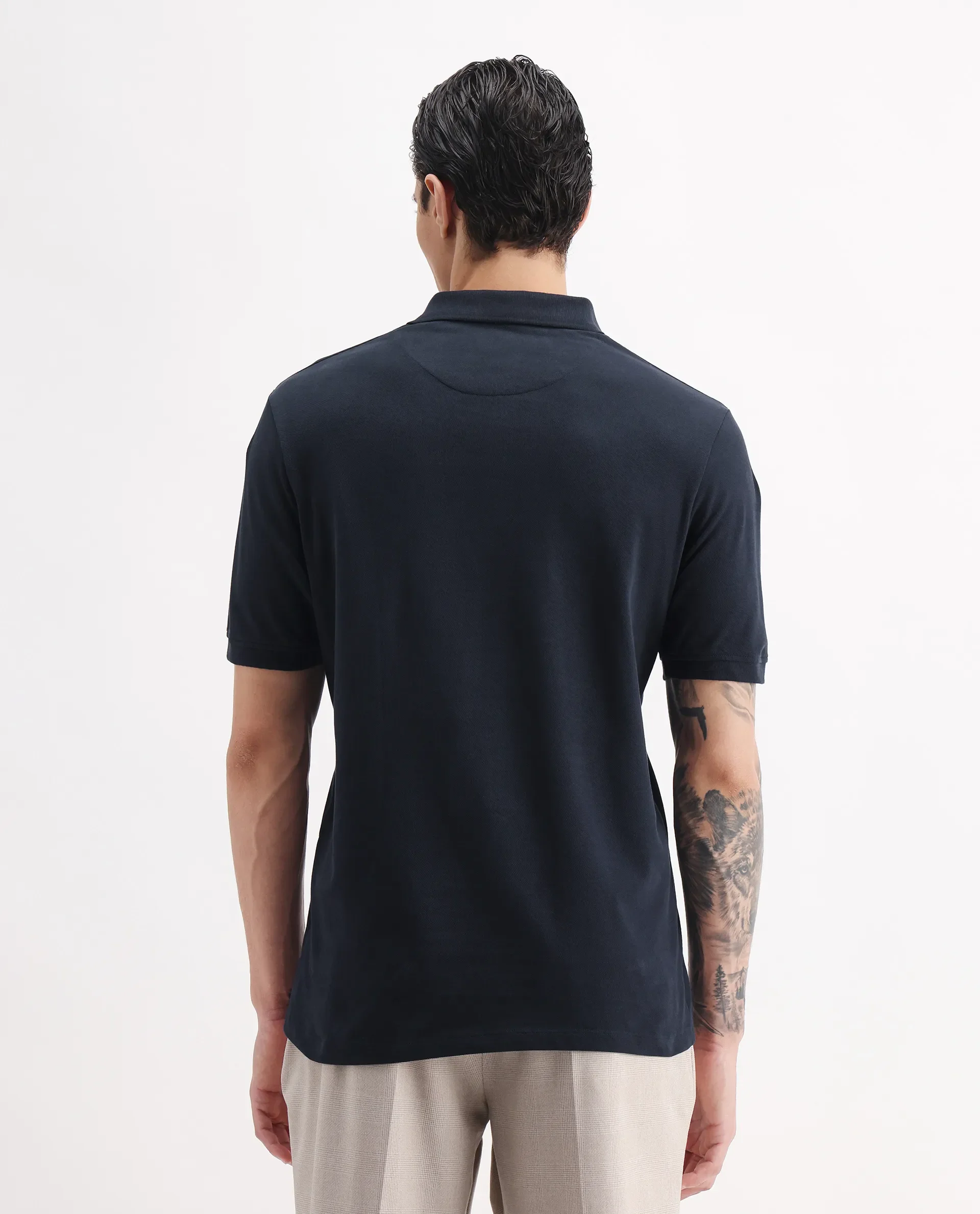 Rare Rabbit Men's Dariol Navy Cotton Plain Regular Fit Half Sleeve Polo - Image 7