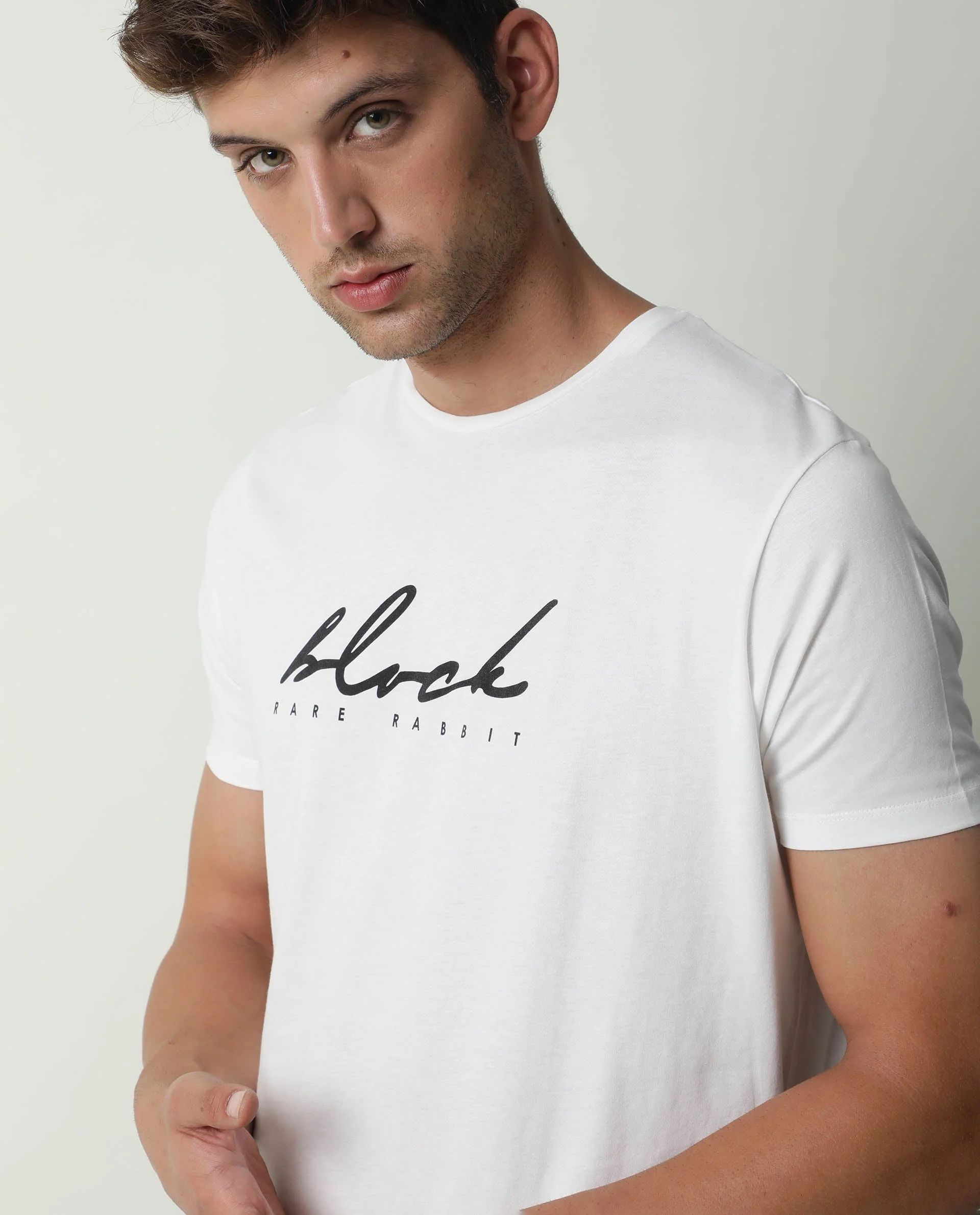 Rare Rabbit Men's Dark Offwhite Cotton Printed Slim Fit Half Sleeve Crew Neck T-Shirt - Image 10