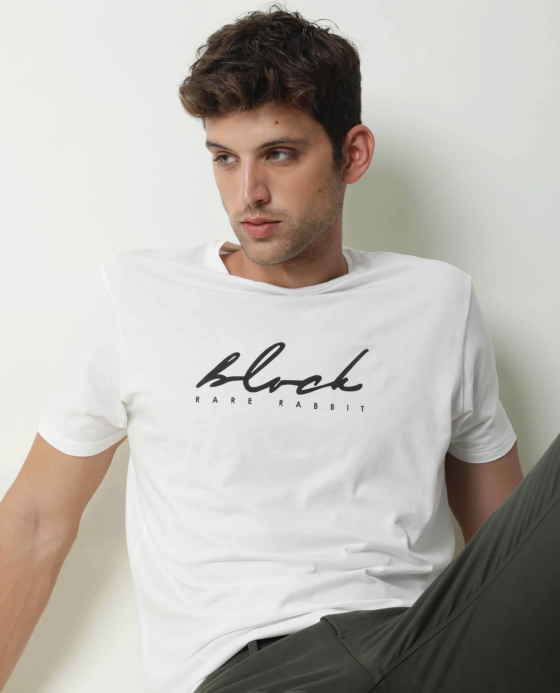 Rare Rabbit Men's Dark Offwhite Cotton Printed Slim Fit Half Sleeve Crew Neck T-Shirt - Image 2